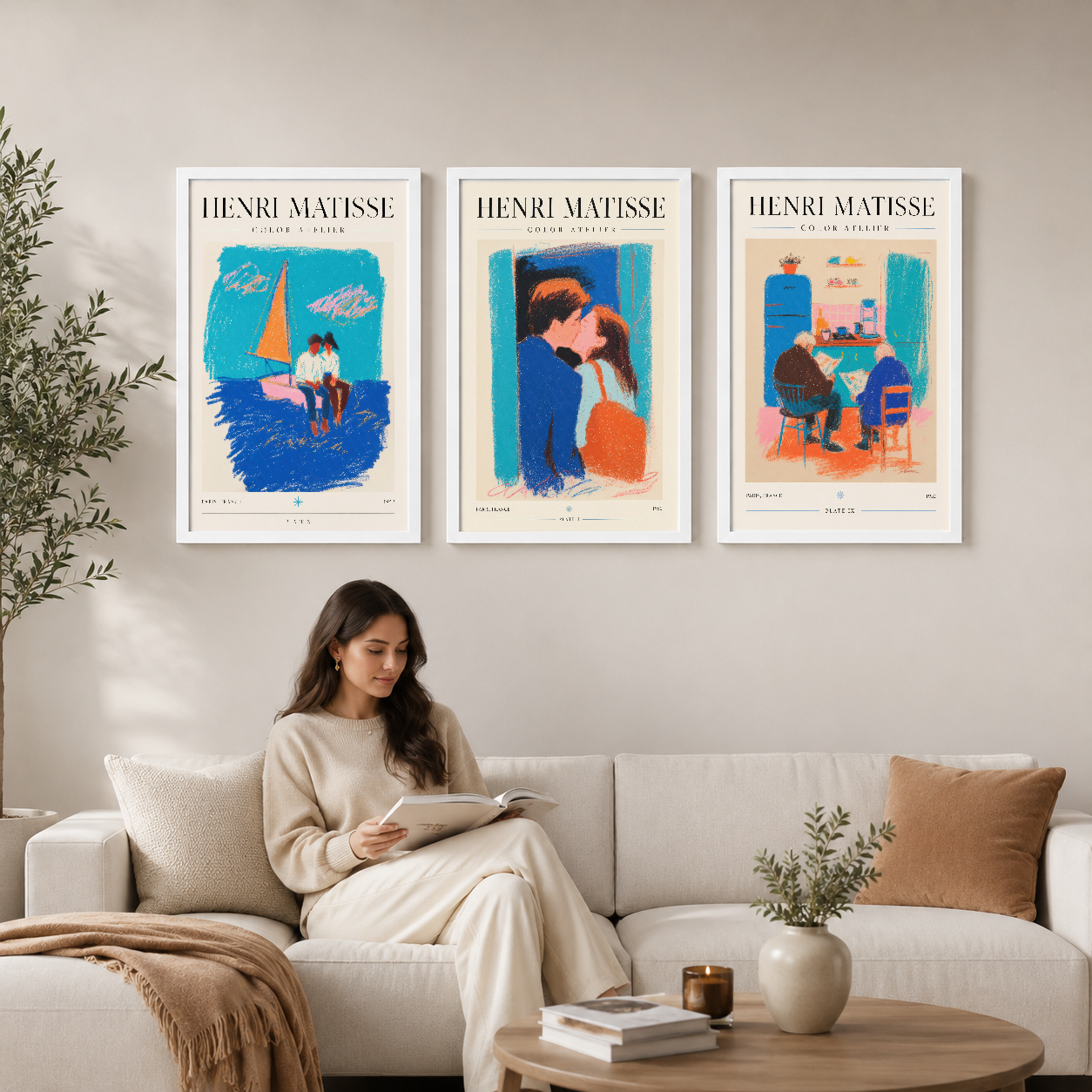 Henri Matisse Color Atelier triptik, açık oturma odasında kanepenin üstünde canlı mavi, turuncu sahneler.