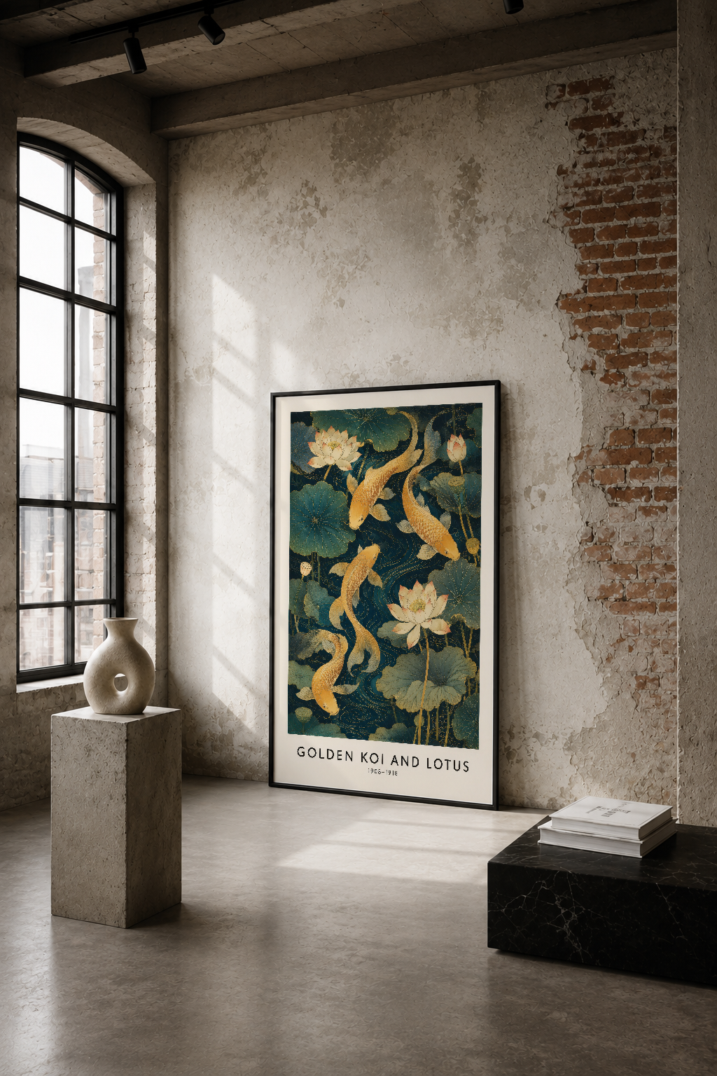 Altın balık ve lotus çiçekleri motifli sanat tablosu, endüstriyel loft stilinde betonlu duvarda sergileniyor.