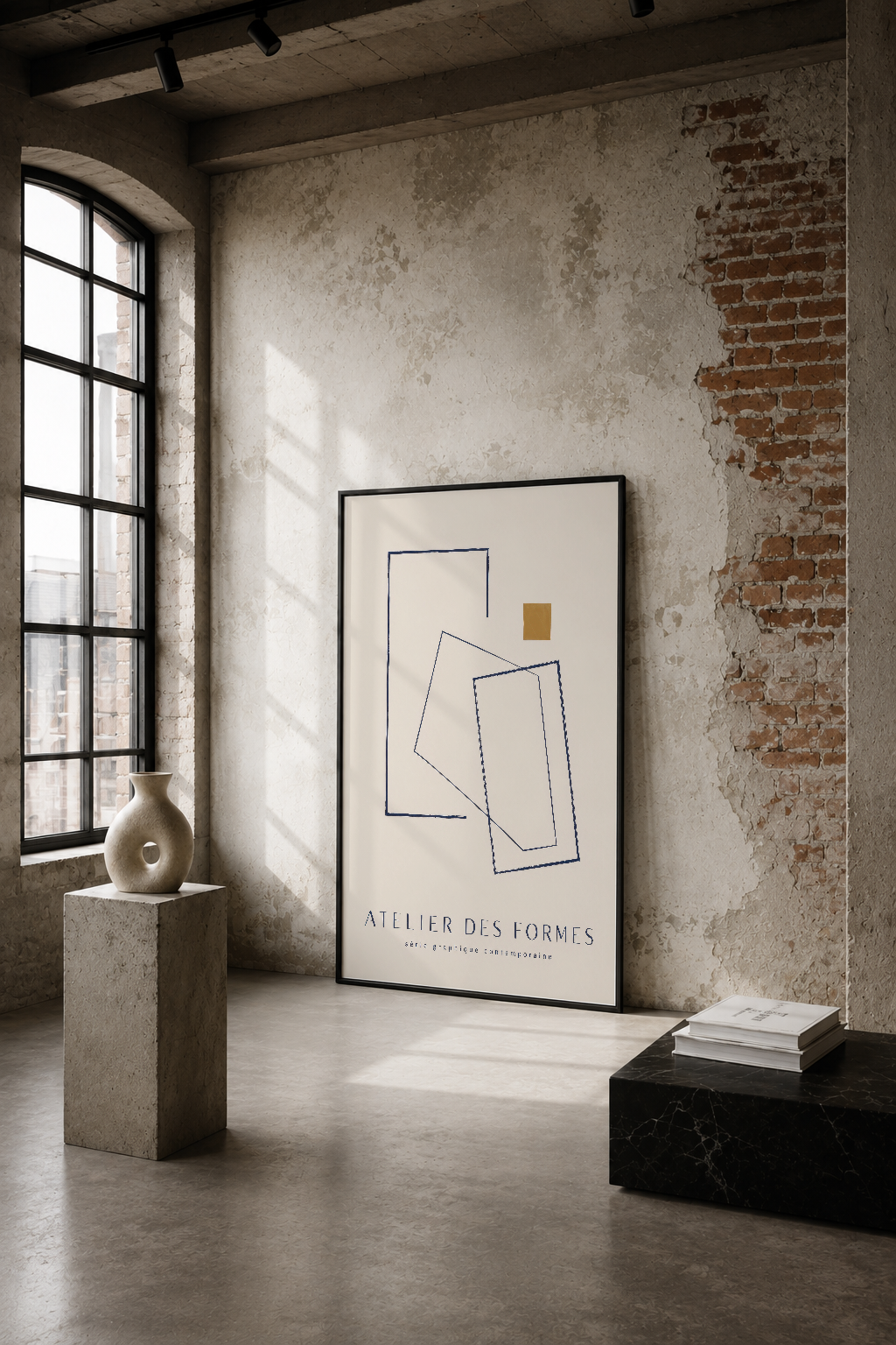 Minimalist çizgi geometriler ve altın aksanı içeren soyut tablo, endüstriyel loft ortamında duvar sanatı olarak sergileniyor.