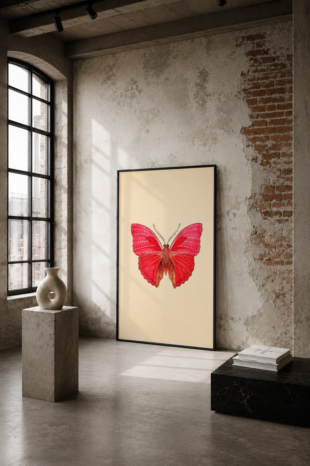 Kırmızı kelebek motifli minimalist poster, endüstriyel loft ortamında beyaz duvarda sergileniyor.