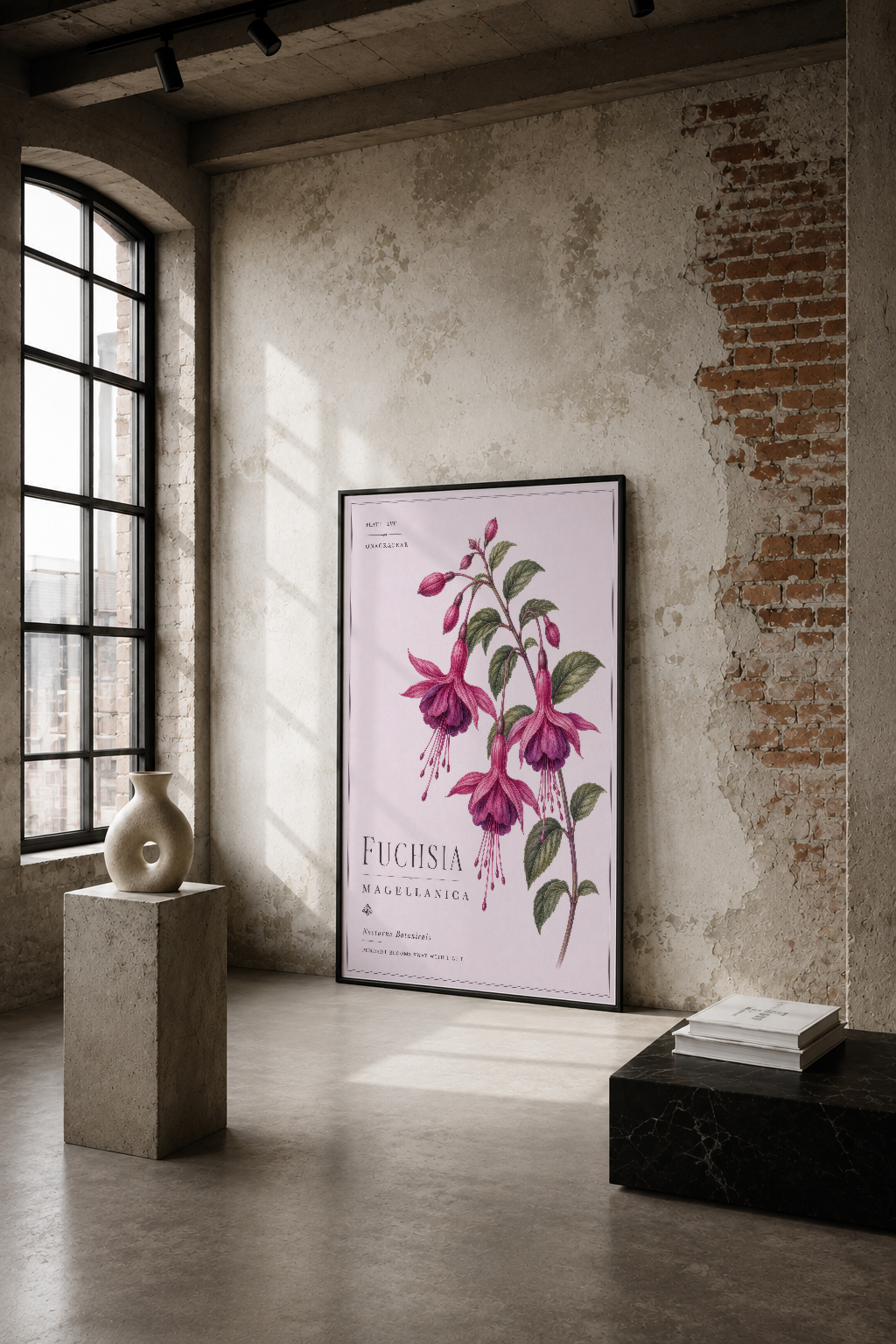 Endüstriyel loft alanında vintage botanik tablo, fuchsia çiçek motifiyle sade dekorasyonu tamamlayan şık poster.