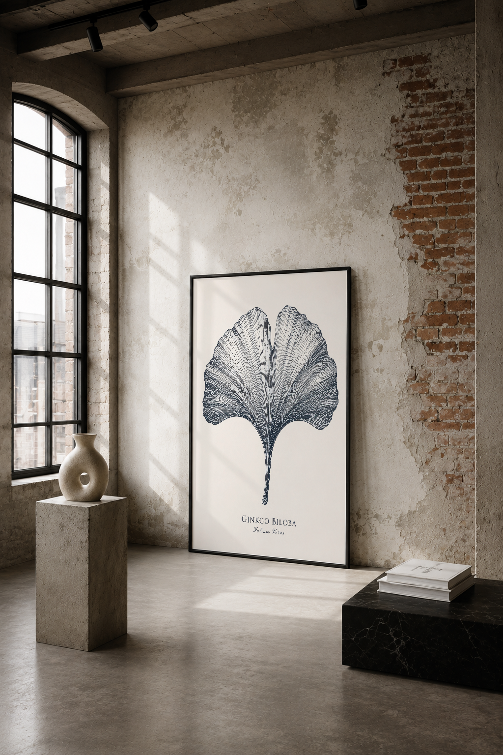 Ginkgo yaprağı botanik tasarım, endüstriyel loft stilde sade ve şık duvar dekoru.