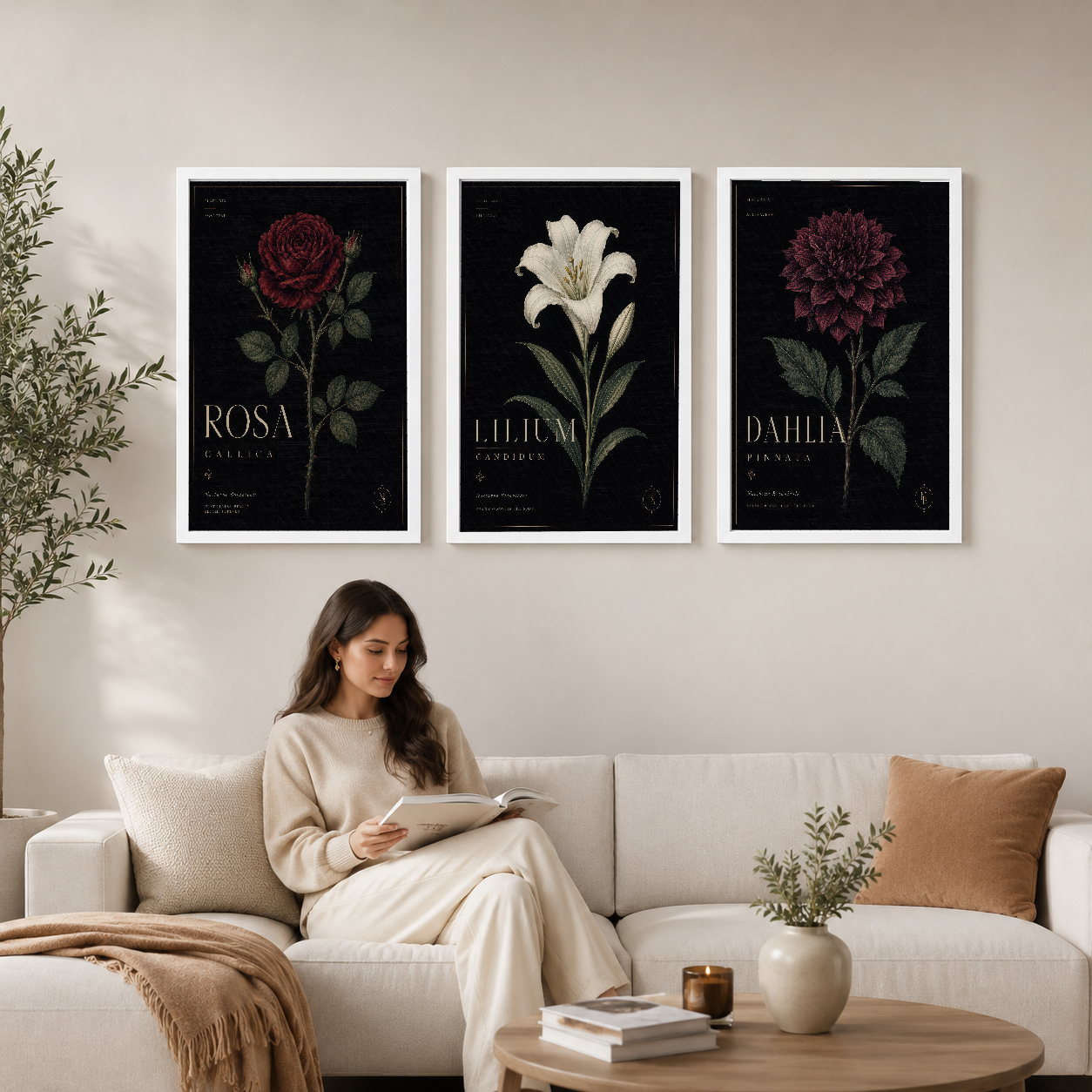 Siyah zemin üzerinde Rosa, Lilium ve Dahlia çiçeklerinin botanik illüstrasyonları, oturma odasının kanepe üstünde zarif bir