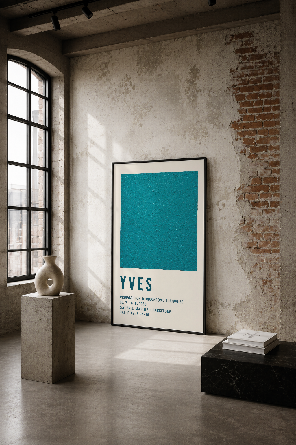 Türkoise renkte minimalist tasarımlı Yves sergi posteri, endüstriyel tarzda beyaz duvar ve tuğlaya karşı sanat galeri