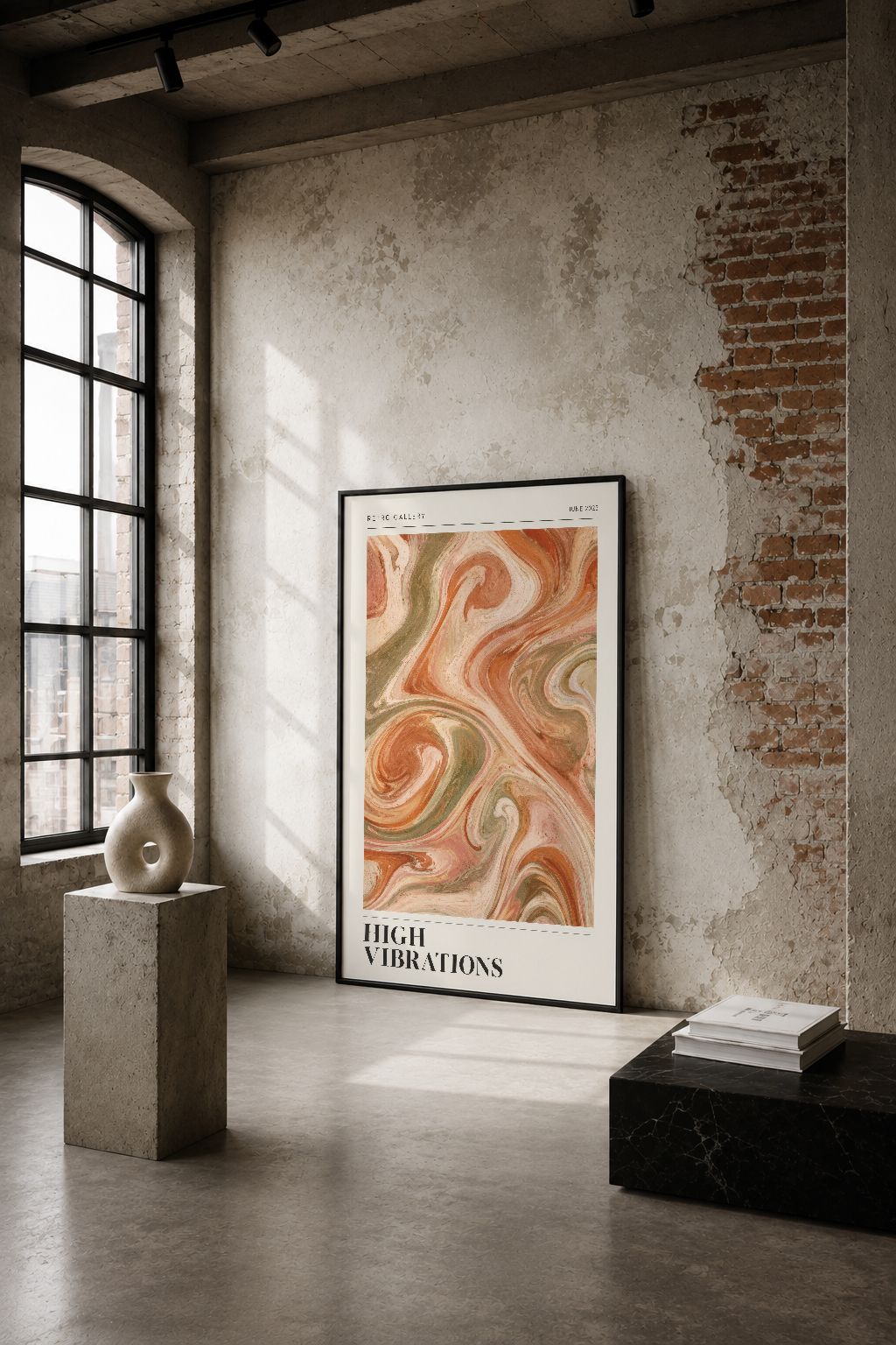 Soyut mercan ve krem tonlarında akışkan desenli poster, endüstriyel loft alanında duvar tablosunun çerçeveli gösterimi.