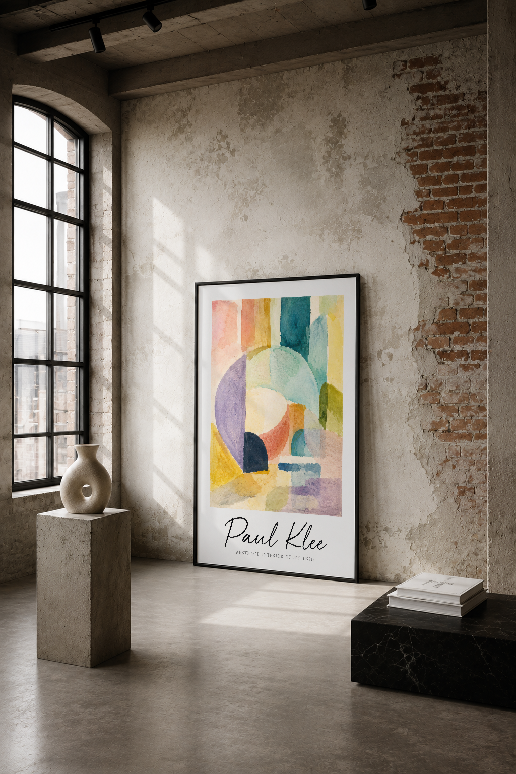 Paul Klee'nin renkli soyut compositionu, endüstriyel bir loft ortamında duvar tablosunun çerçeveli hali.