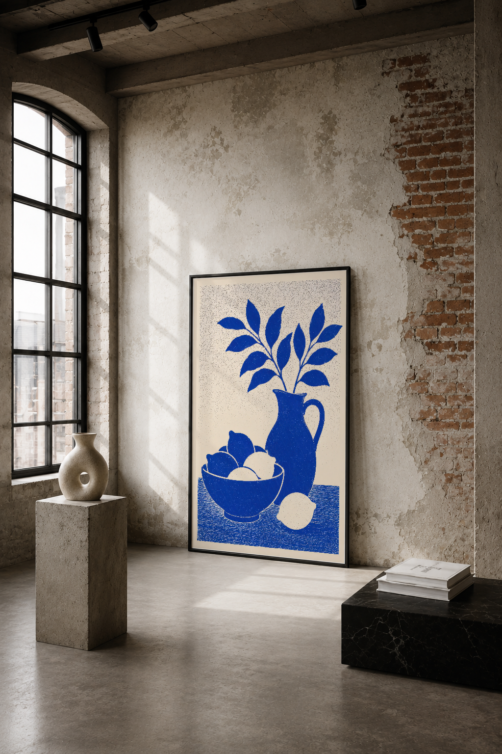 Kobalt mavisi yapraklı bitki ve meyve tasarımlı modern sanat tablosu, endüstriyel loft ortamında duvar dekorasyonu.
