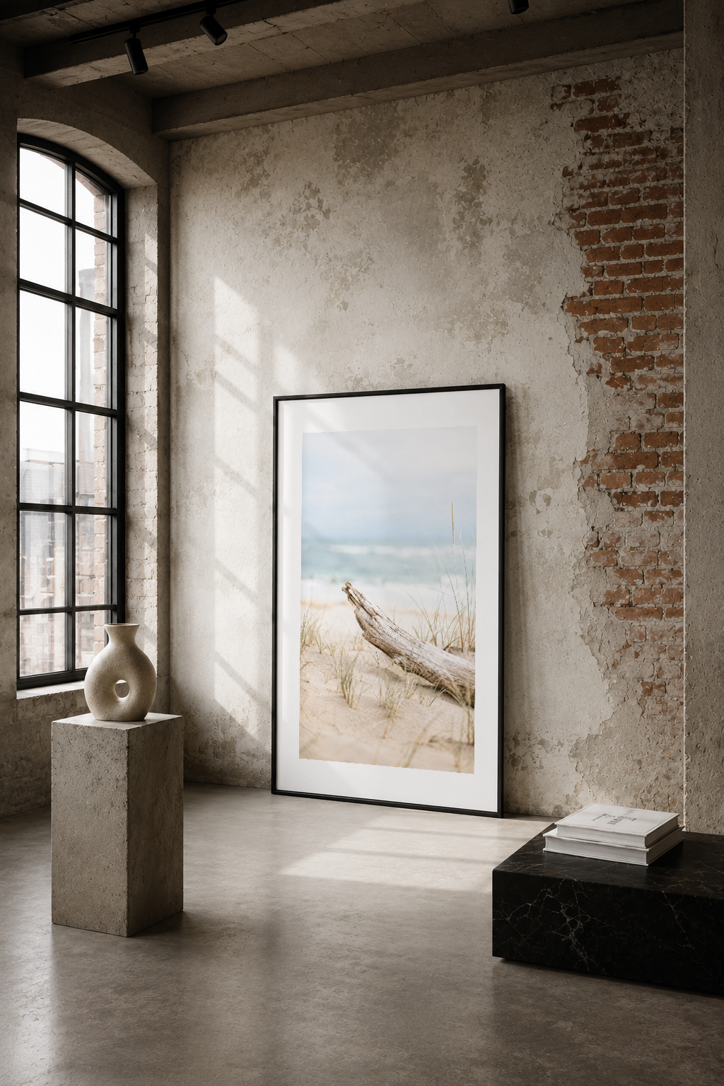 Sakin sahil manzarası, kurumuş ağaç ve deniz otları ile minimalist loft ortamında çerçeveli duvar tablosu.