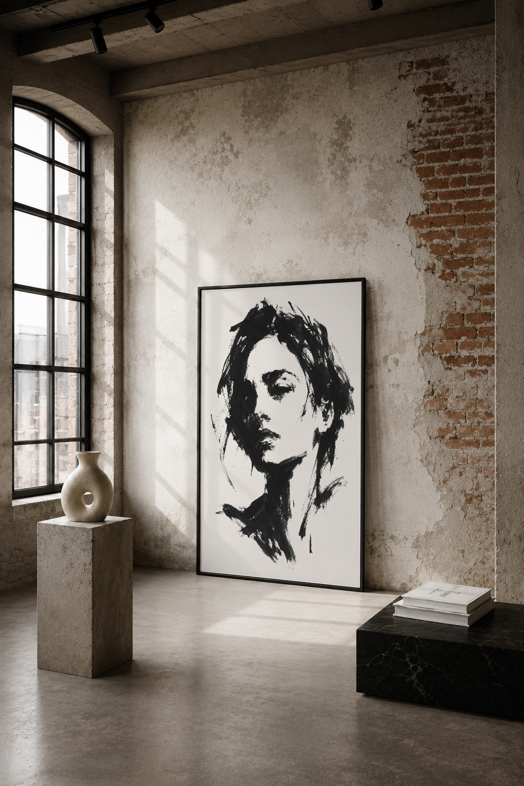 İnsan portresi siyah çizgilerle minimalist tarzda, endüstriyel tuğla duvarı olan loft alanında sergilenen sade ve etkileyici