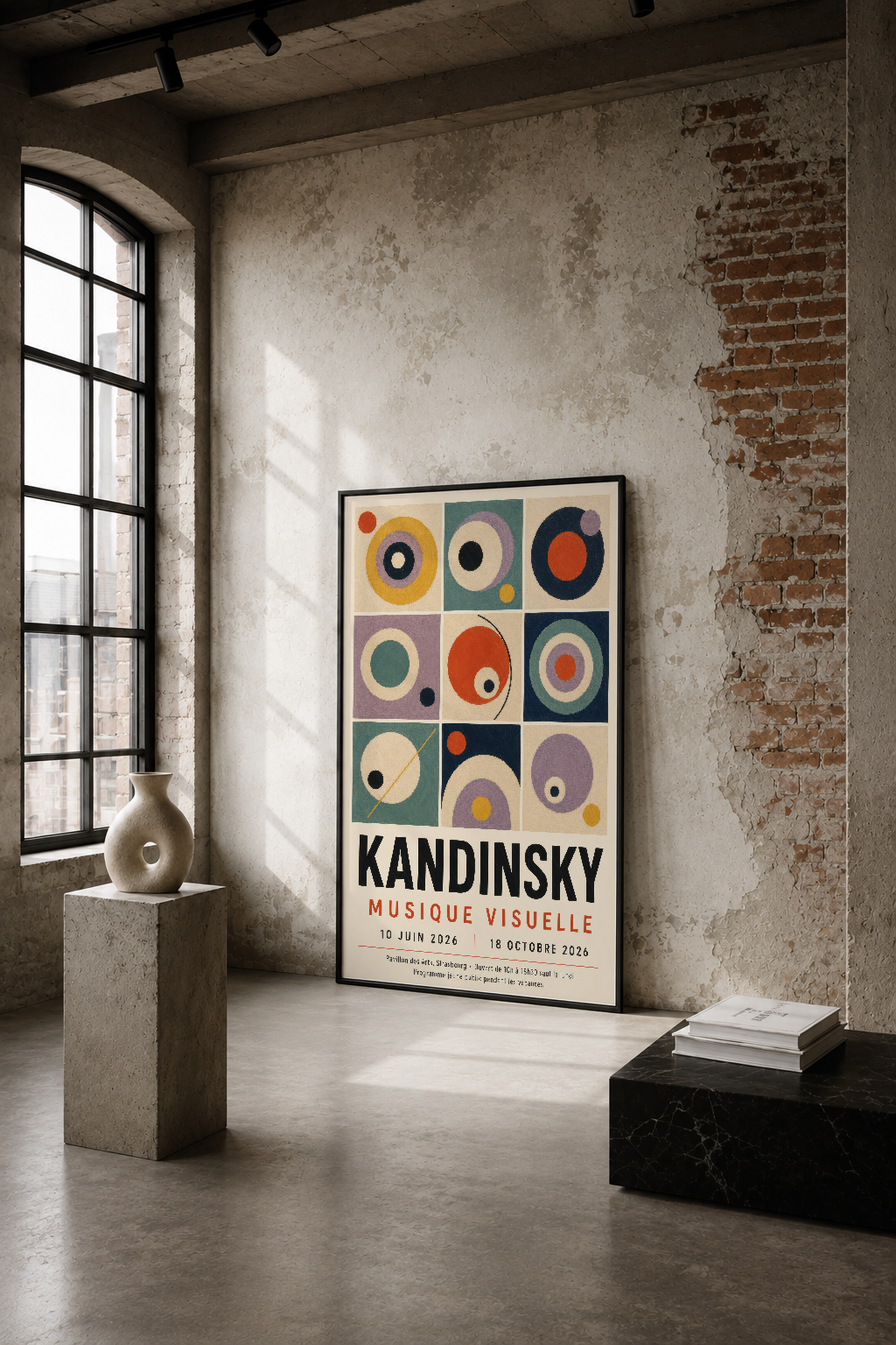 Kandinsky Musique Visuelle posteri, endüstriyel loft ortamında ham tuğla duvar üzerinde, soyut geometrik daireler ve canlı