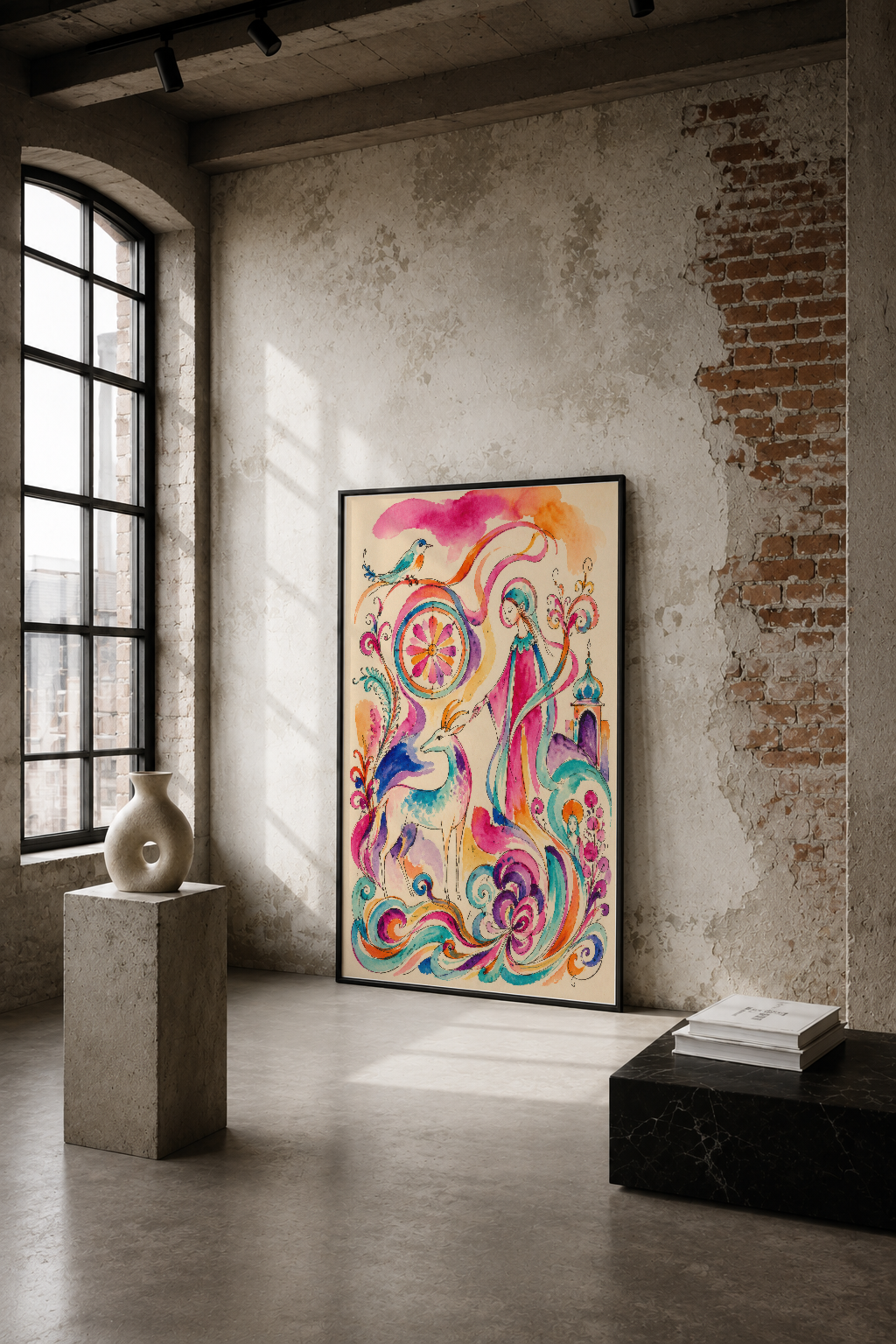 Canlı renkli sürreal tasarım tablou, endüstriyel loft duvarında, pembe ve turuncu tonlarıyla fantastik atmosfer yaratıyor.