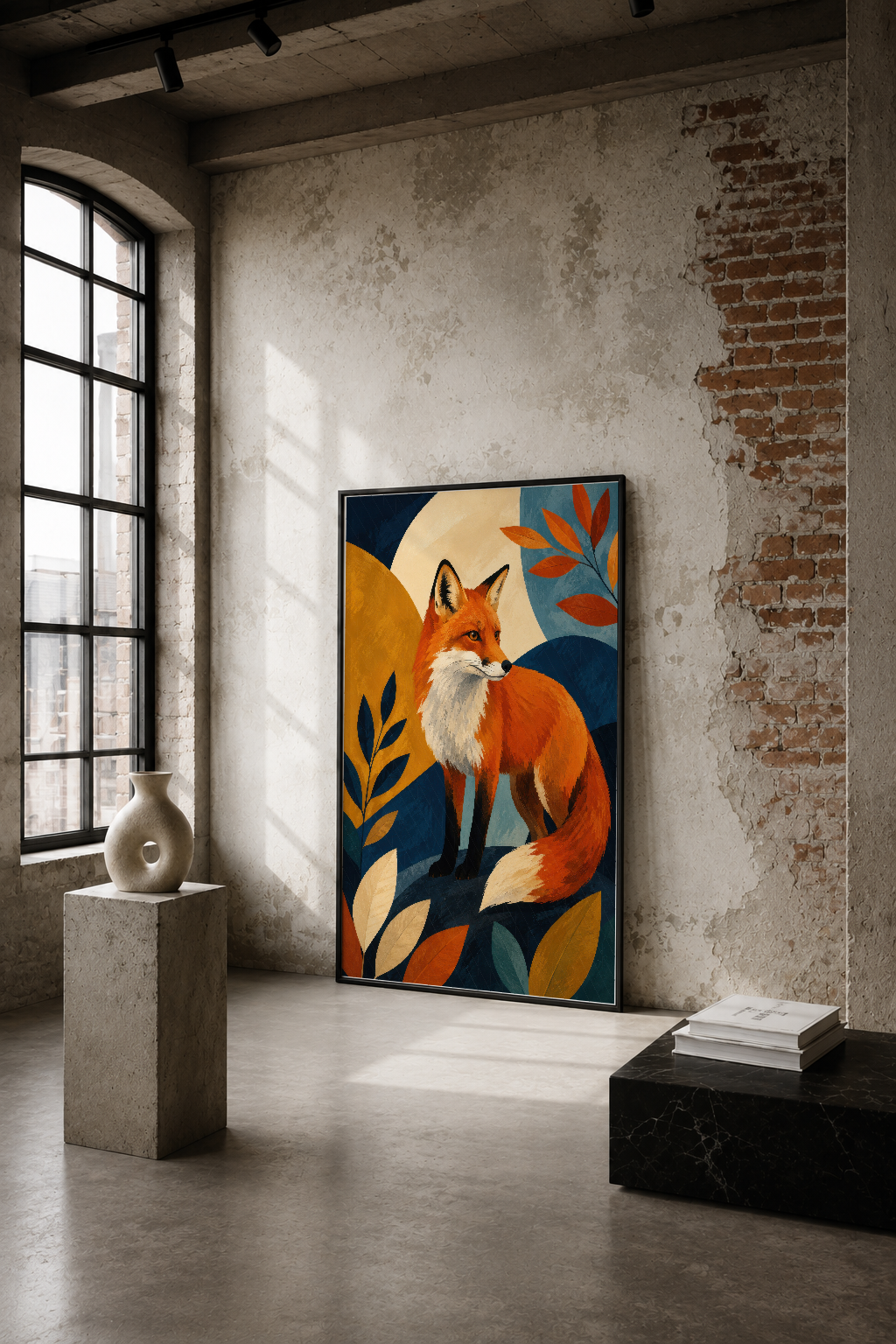 Sanat Deco tarzında tilki portresi, turuncu-mavi renk uyumu ve boho yapraklarla endüstriyel loft dekorasyonunda