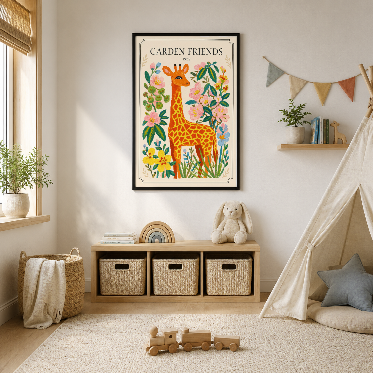 Canlı renkli zürafalar ve çiçekler motifli Garden Friends tablosu, çocuk odasının duvarını süslüyor.