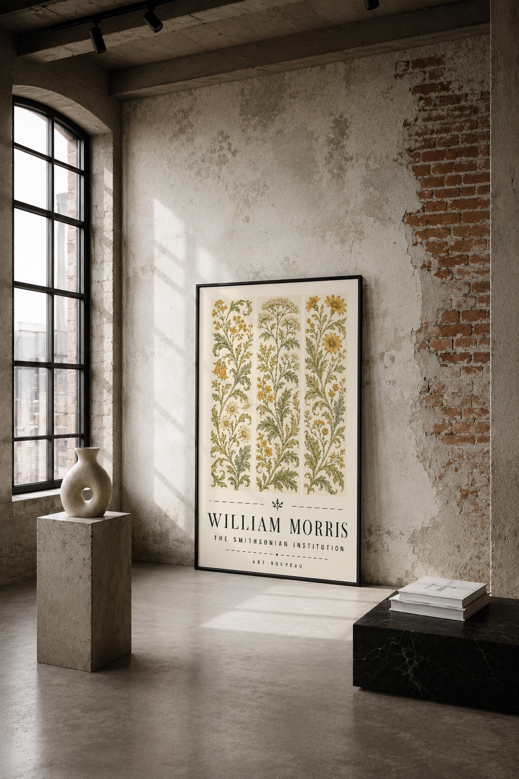 William Morris Art Nouveau botanik baskısı, endüstriyel bir galeri mekânında sade duvar dekorasyonu.