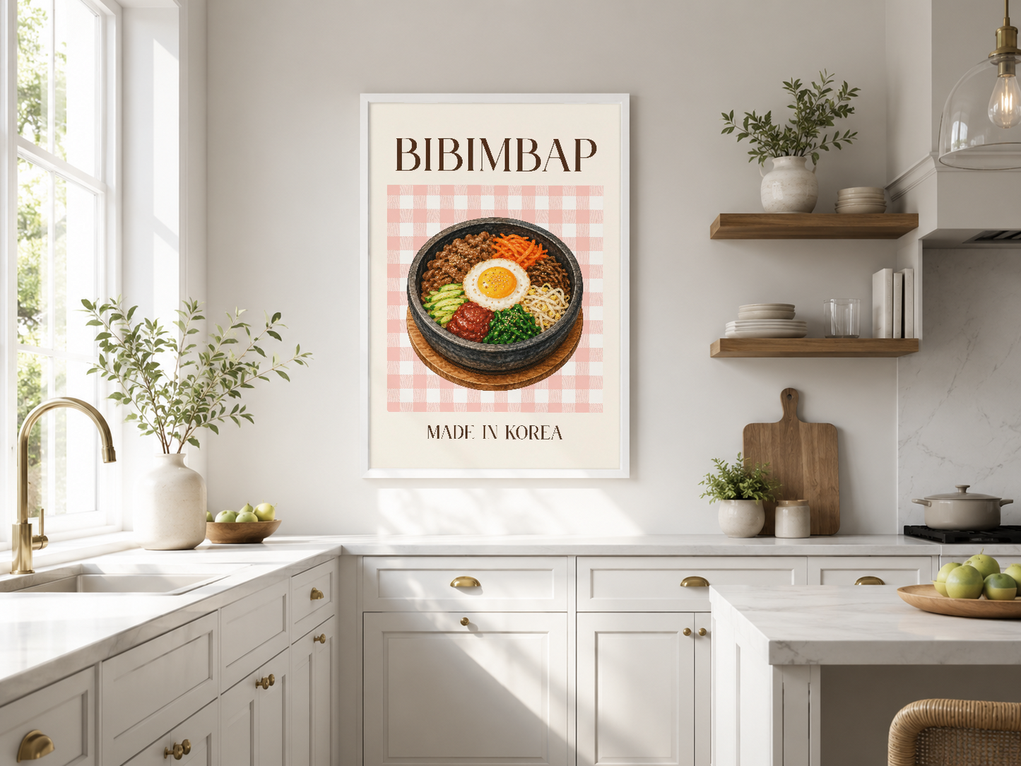 Bibimbap duvar tablosu, pembe kare desenli zemin üzerine Kore yemeği tasarımı, modern mutfak dekorasyonunda.