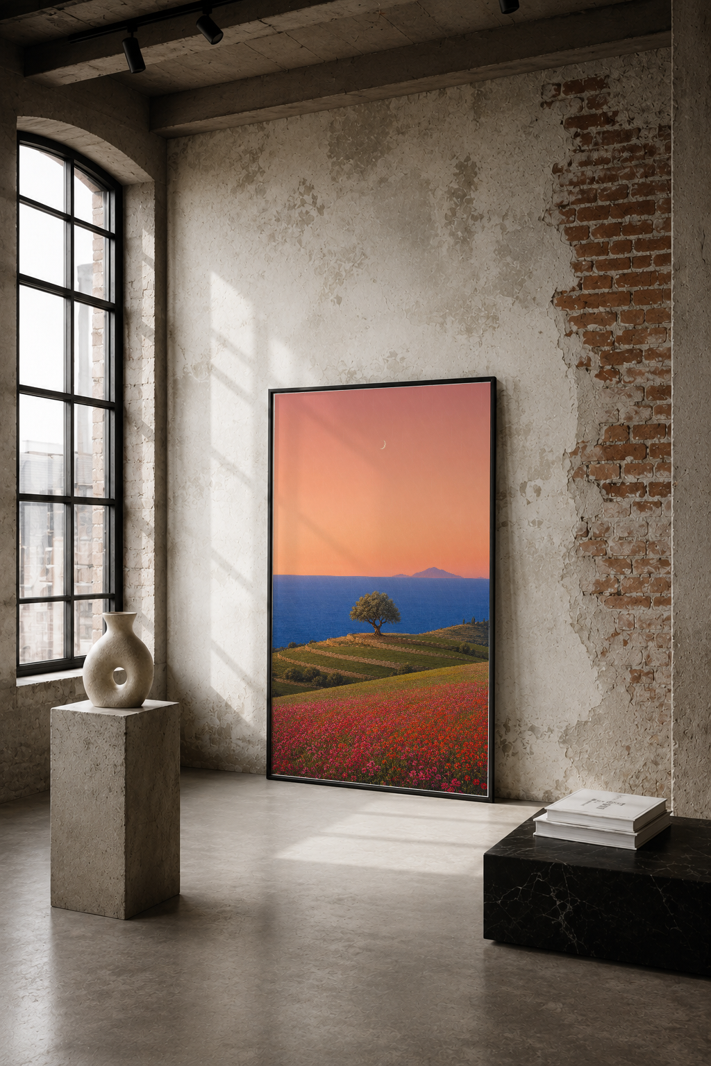 Tuscan kırmızı çiçek tarlasının ve gün batımının yer aldığı sanat tablosu, endüstriyel bir galerinin çıplak duvarında.