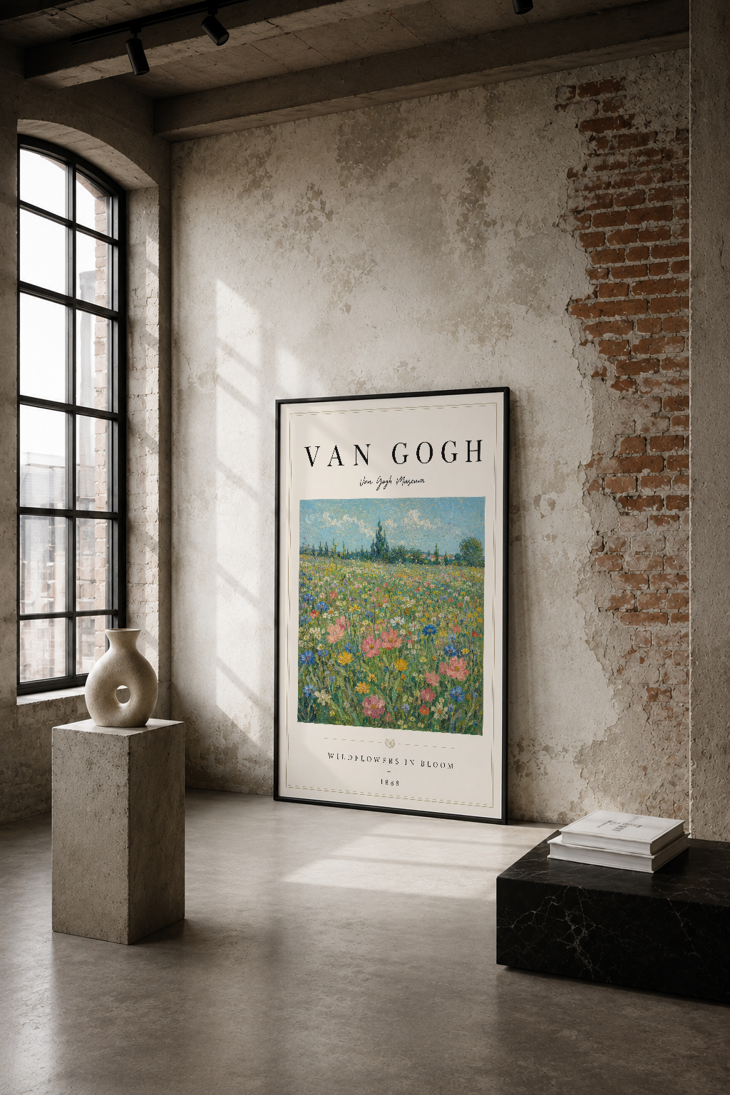 Van Gogh'un Wildflowers in Bloom tablosu, endüstriyel bir mekanda tuğla duvarın yanında sergilenerek sanat ve mimarinin