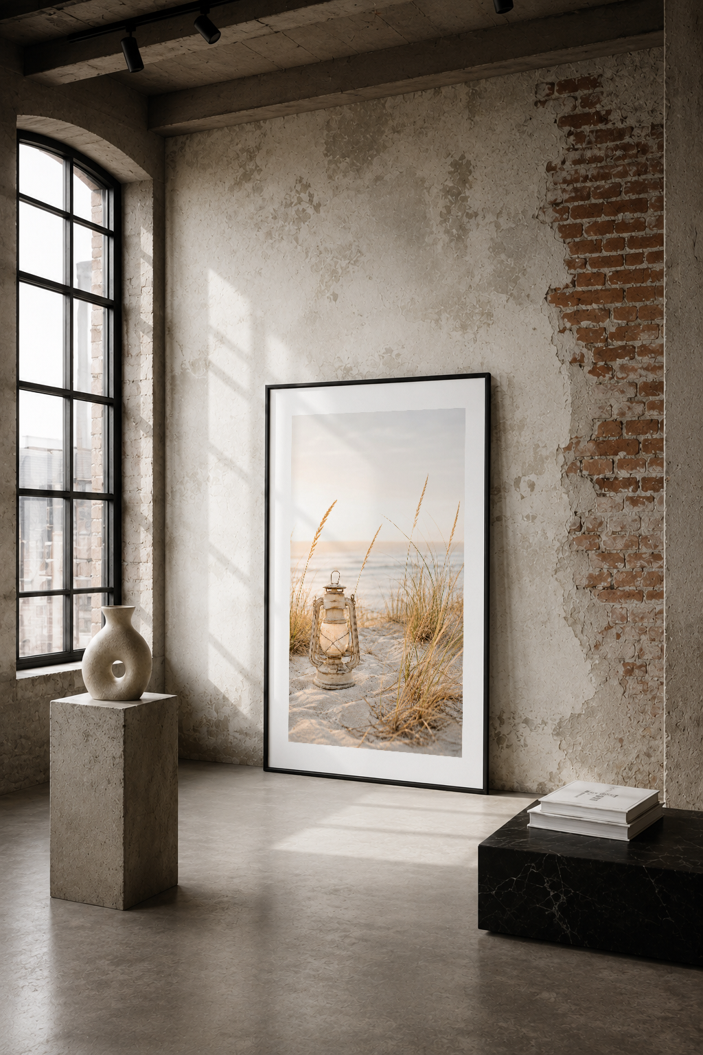 Deniz feneri ve çimenleriyle sakin sahil manzarası, siyah çerçeveli poster, endüstriyel loft dekorasyonunda.