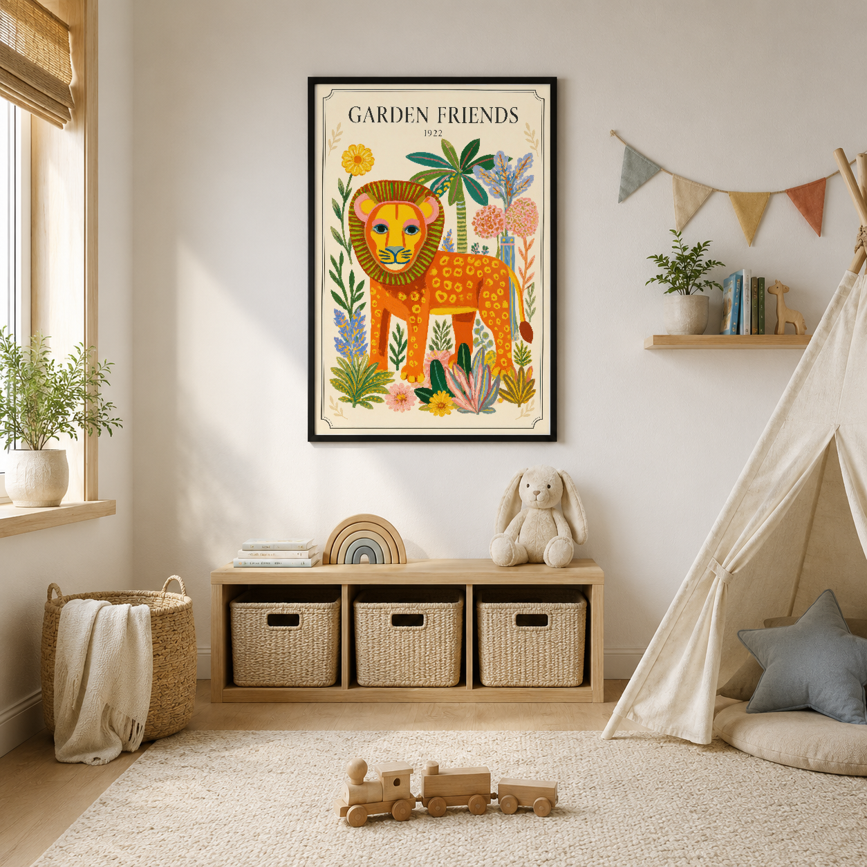 Vintage tarzı Garden Friends aslanı tablosu, çocuk odasında dekoratif raf ve oyuncakların üstünde renkli botanik