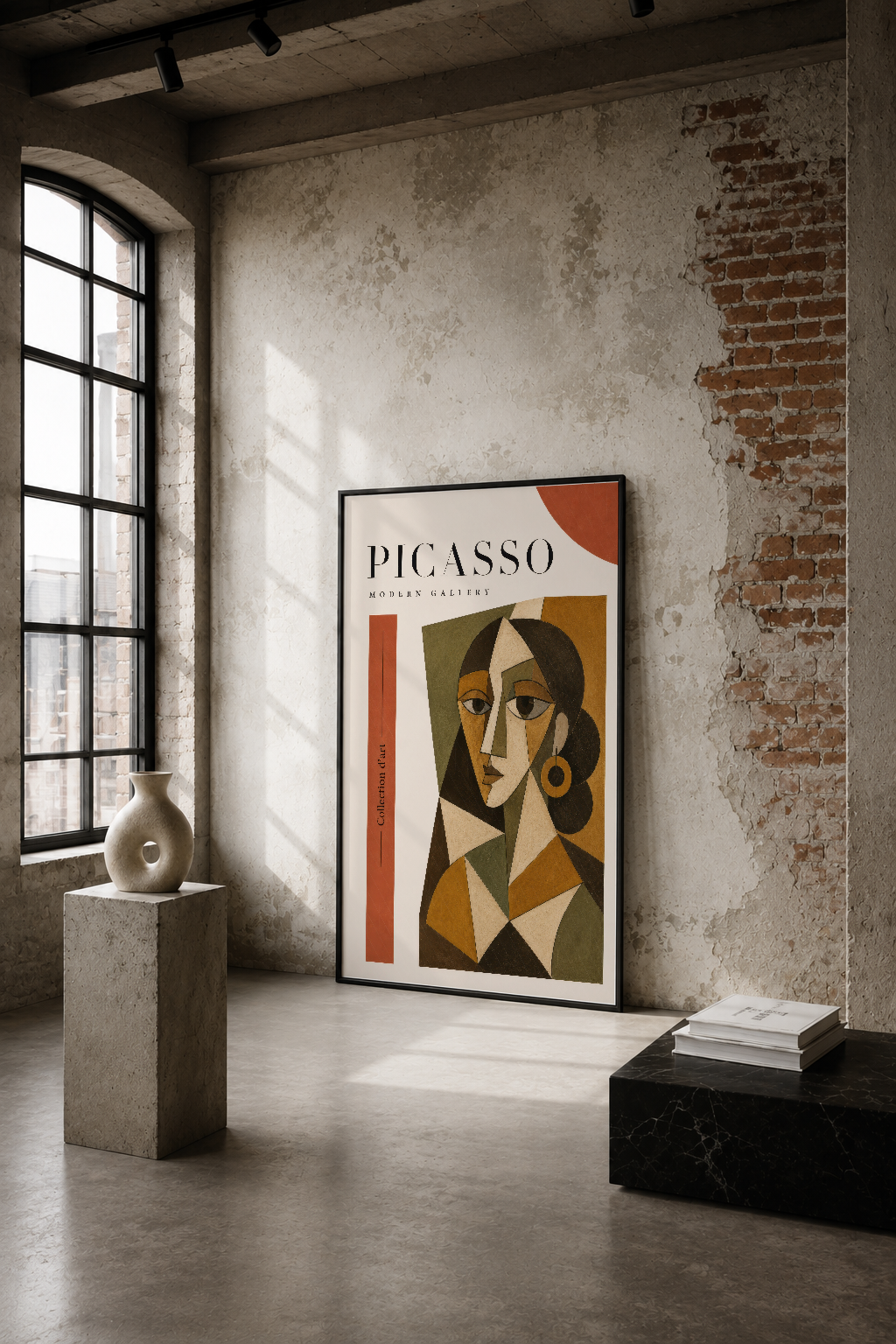 Kübist tarzda geometrik yüz portresi, sıcak renkler ve keskin çizgilerle Picasso Modern Gallery tablosu.