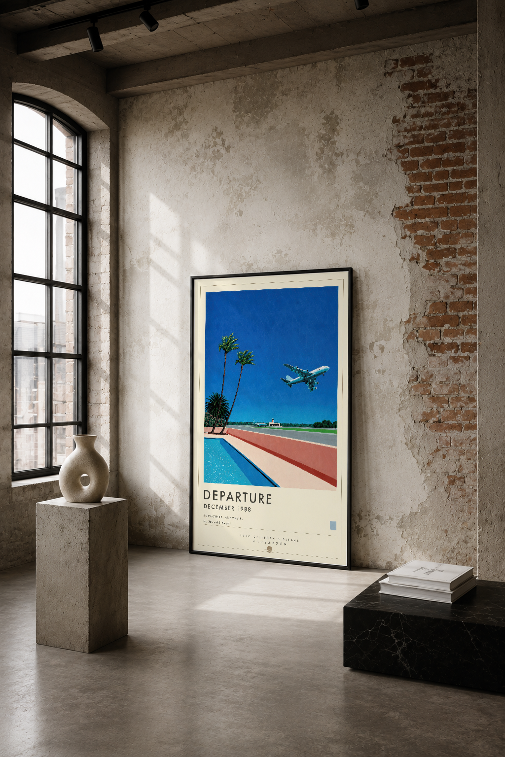 Retro tarzda havaalanı pisti ve uçak tasarımı, vintage poster stiliyle endüstriyel mekan dekorunda.