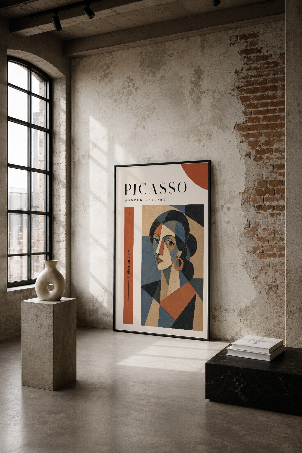 Picasso modern sanat tablosu, soyut kadın portresi; endüstriyel loft ortamında tuğla duvarın yanında.