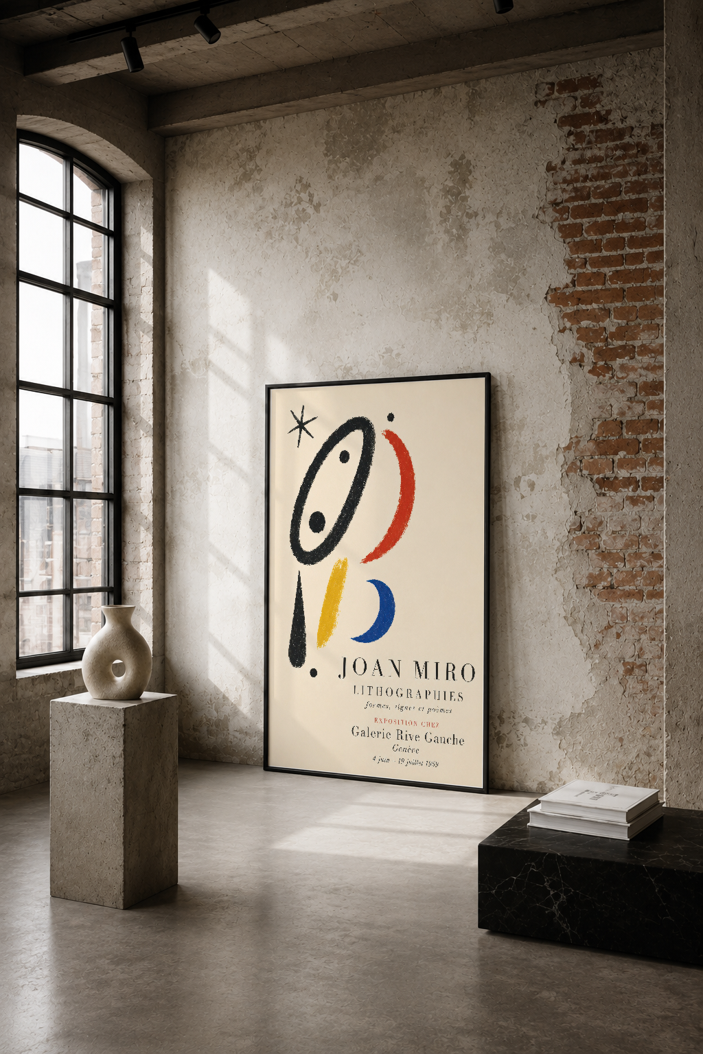 Joan Miro Lithographies tablosu, endüstriyel loft stilinde çıkrık pencerenin yanında sergilenen soyut sanat eseri.