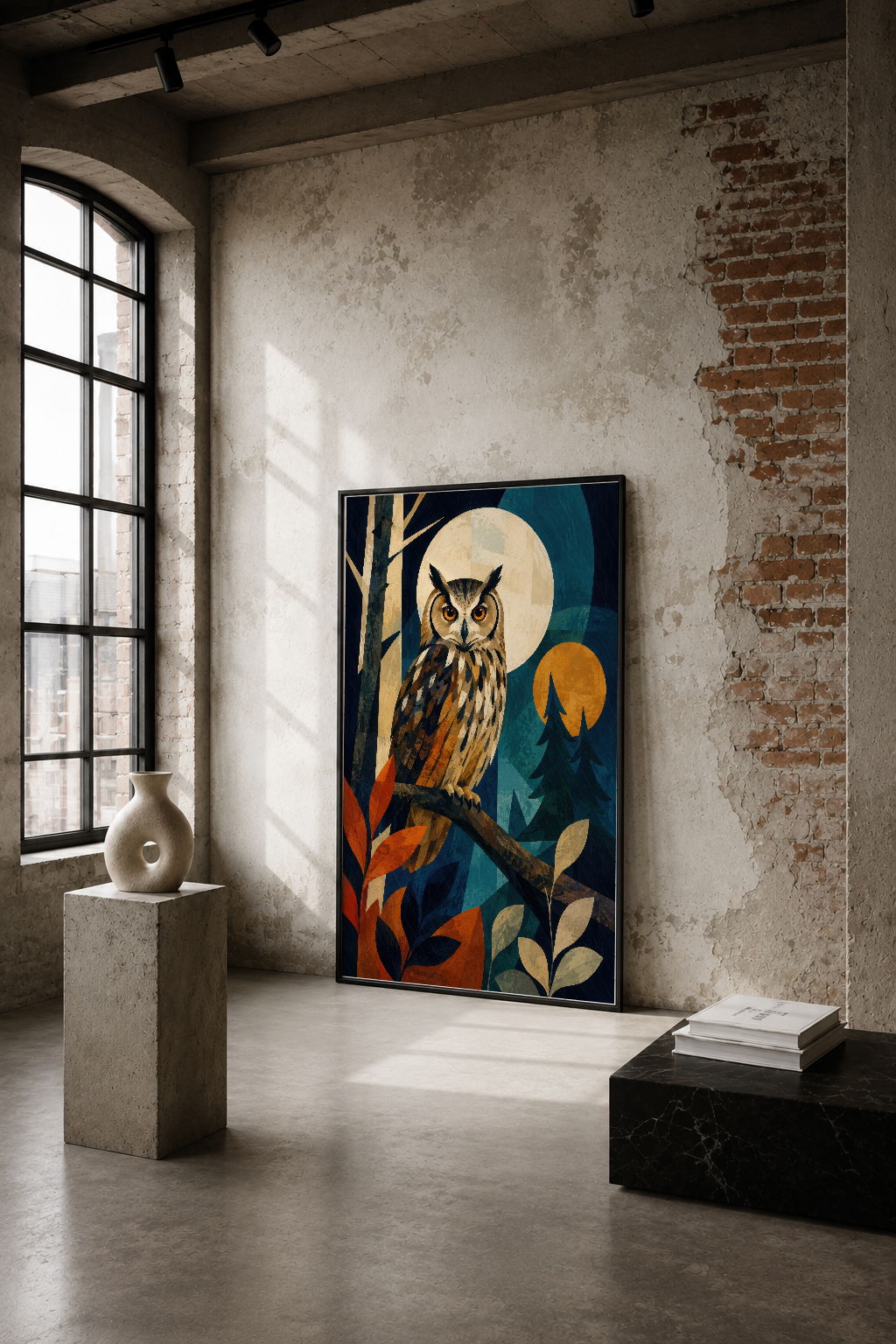Gece baykuş temasıyla tasarlanmış sanat tablosu, endüstriyel loft dekorunda dramatik duvar sanat parçası olarak sergileniyor.