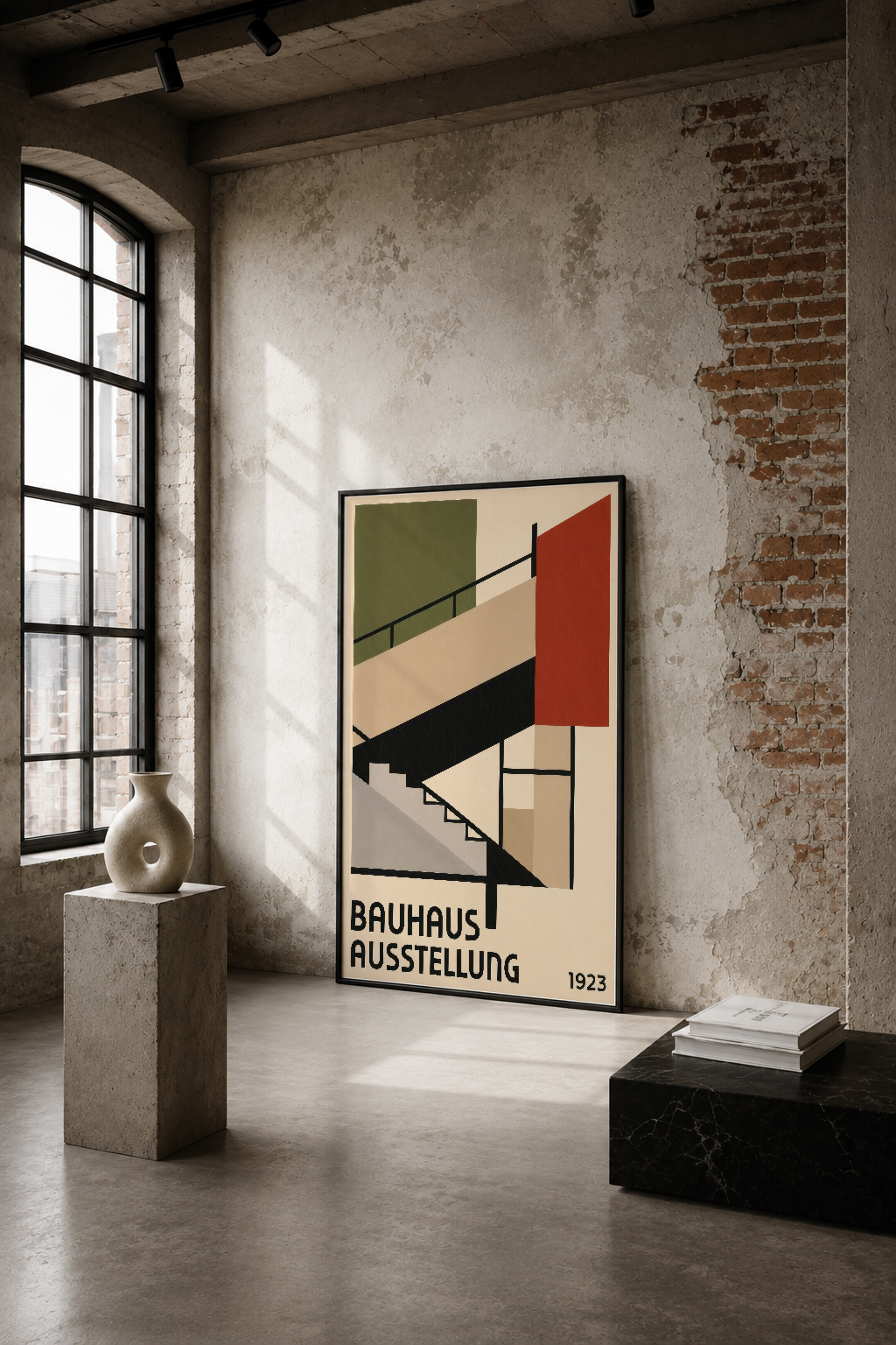 Bauhaus Ausstellung 1923 posteri, endüstriyel loft alanında geometrik formlar ve canlı renklerle modernist tasarımı