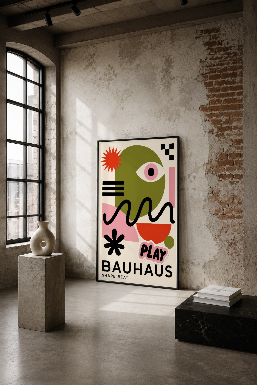 Bauhaus Shape Beat posteri, endüstriyel loft mekanda soyut geometrik formlar ve canlı renklerle hayranlık uyandırıyor.