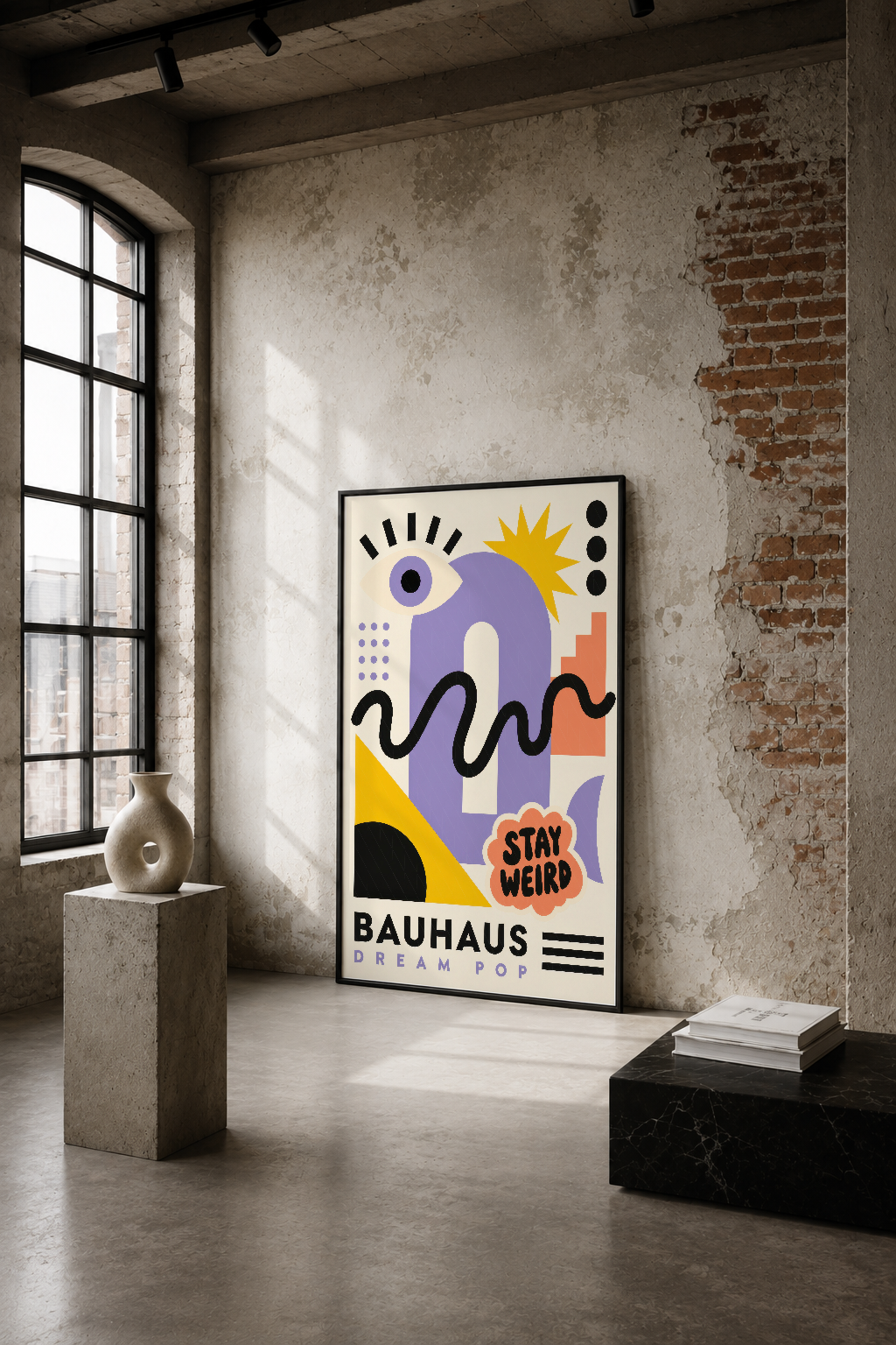 Bauhaus Dream Pop tablo, renkli soyut tasarım ile endüstriyel loft ortamında duvar sanatı olarak sergileniyor.