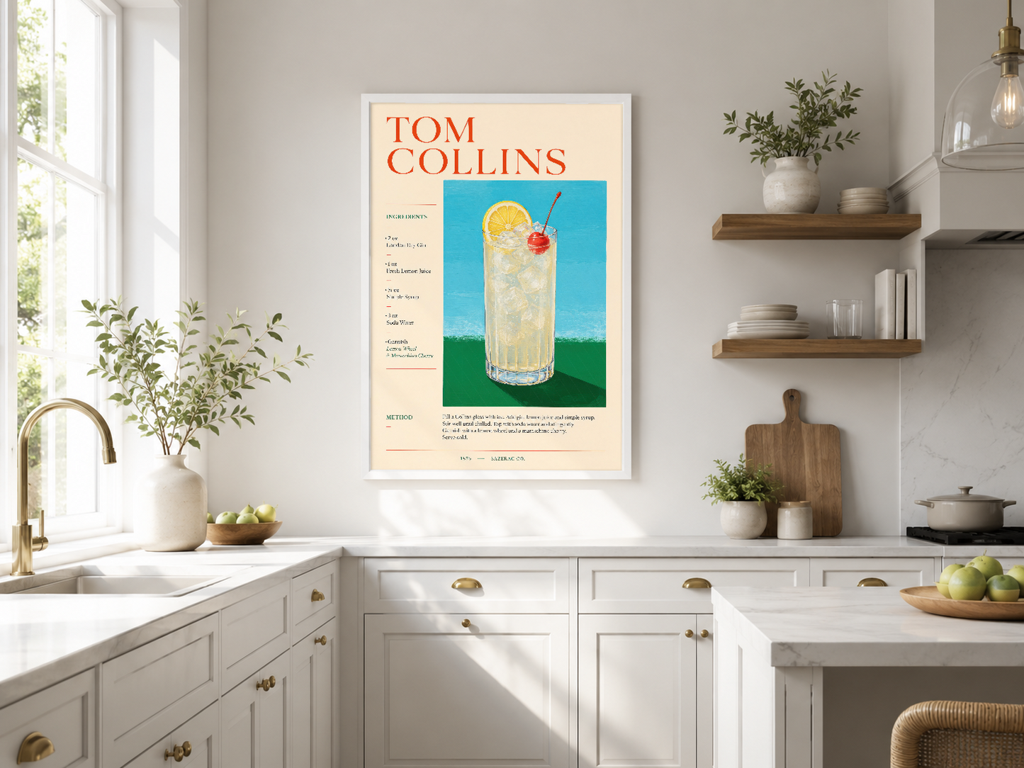 Tom Collins kokteyl tarifi posteri, sakin mavi ve yeşil tonlarında, modern mutfak duvarında.
