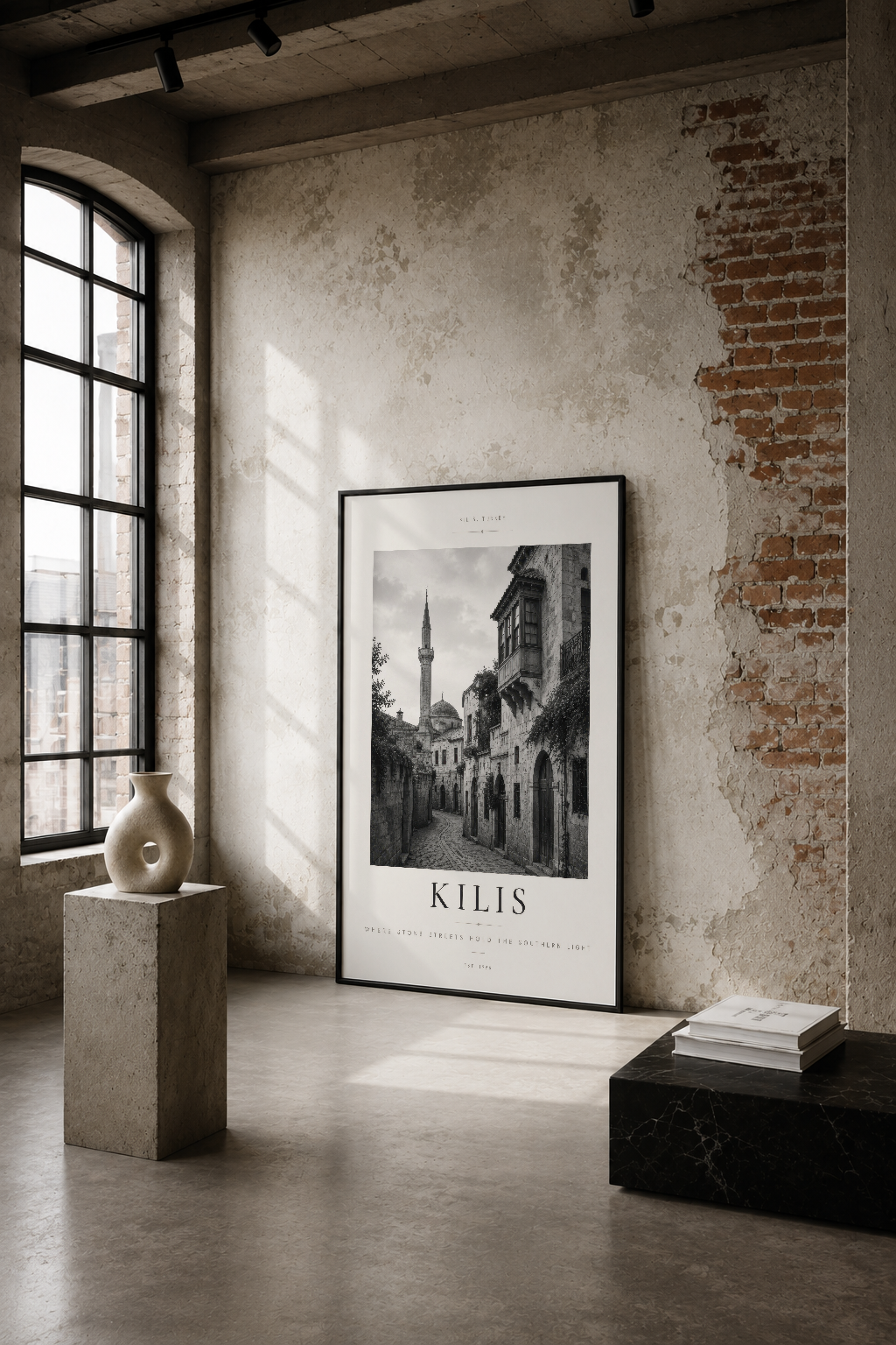 Kilis Türkiye siyah beyaz poster, endüstriyel loft tarzı alçak duvarında, minimal dekorasyonla sergileniyor.