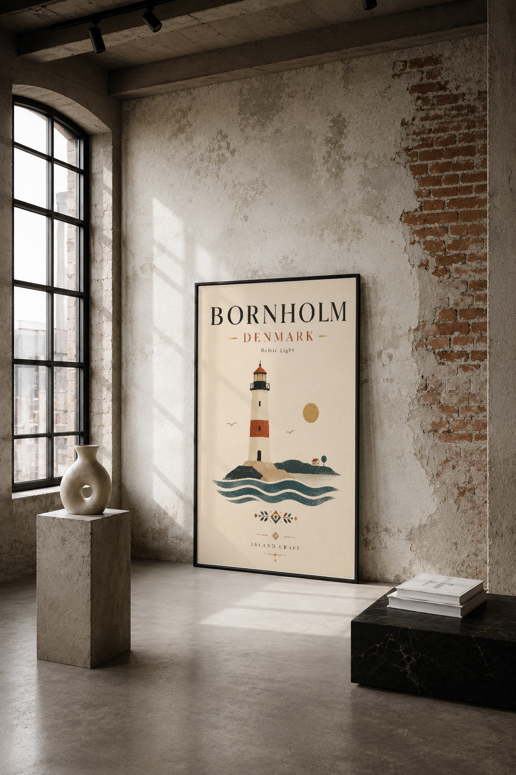 Bornholm fenerinin minimalist tasarımıyla yapılmış poster, endüstriyel loft dekorunda duvar sanatı olarak sergileniyor.
