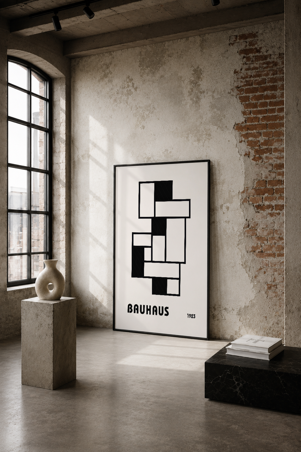Bauhaus 1923 geometrik soyut tablo, endüstriyel loft tarzı mekanında minimalist tasarımı vurgularken sergileniyor.