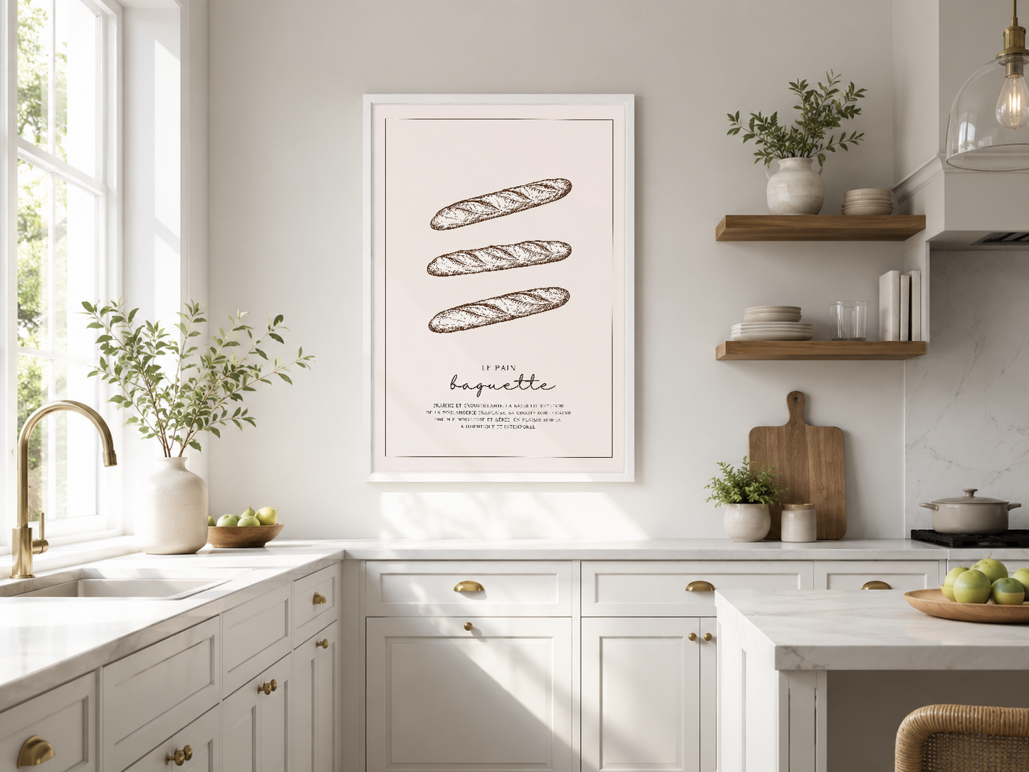 Üç baget çizimi ve Le Pain Baguette yazısıyla minimal tasarım, modern beyaz mutfakta kanepenin üstünde.