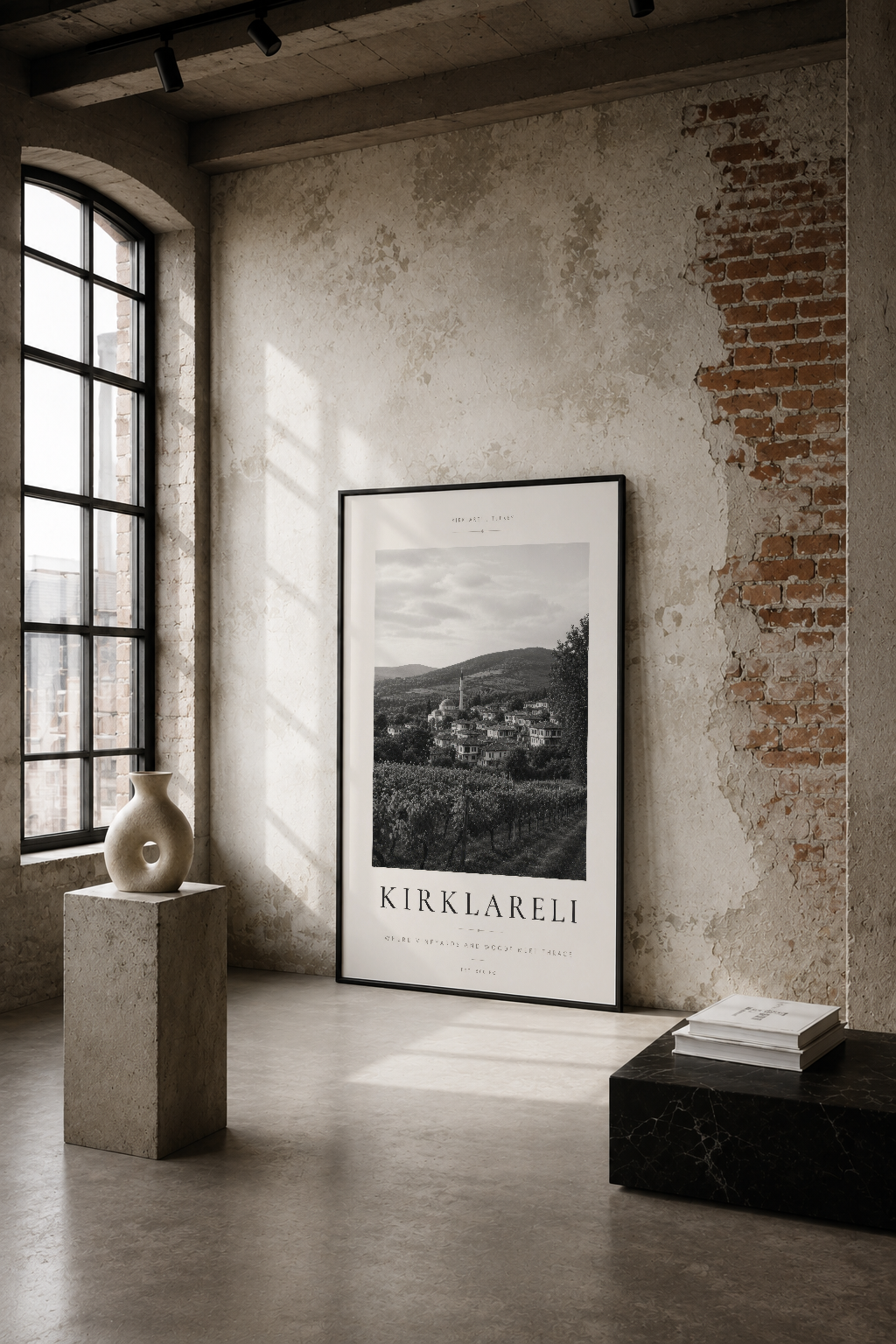 Siyah beyaz Kırklareli tablosu, endüstriyel tarzda çimento duvarlı minimalist bir mekanda, doğal ışık içinde sergileniyor.