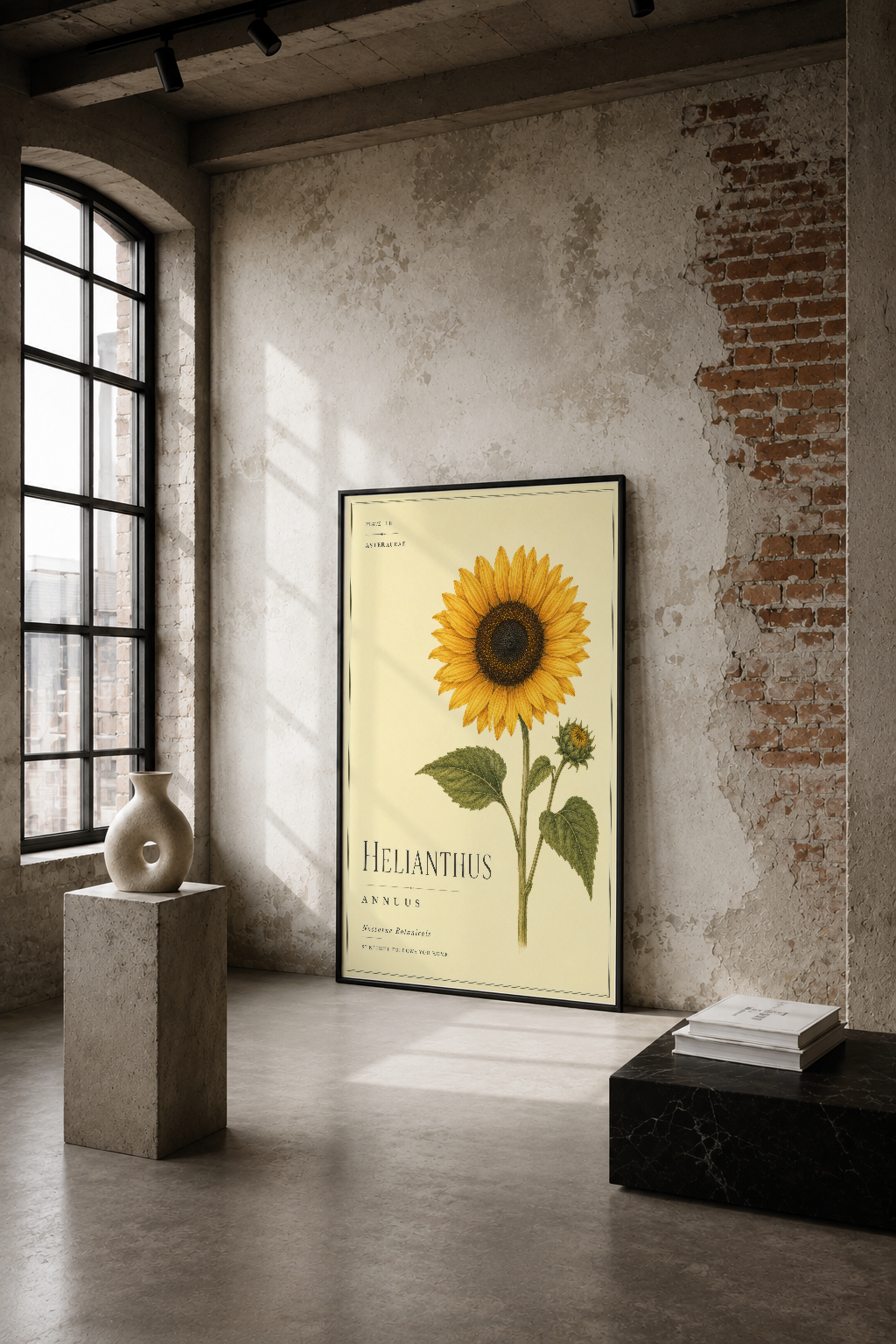 Ayçiçeği botanik tablosu, endüstriyel loft stilinde krem duvarların yanında, doğal ışıkla vurgulanan sanat eseri.
