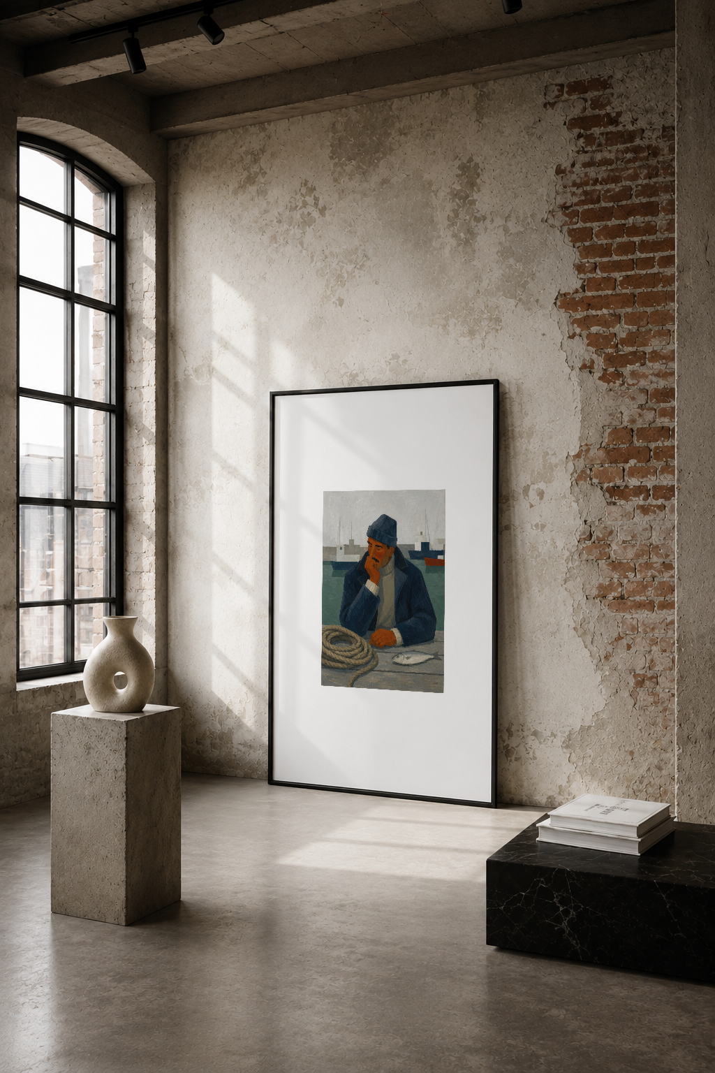 Endüstriyel bir loft ortamında, soyut portre tablosu sade çerçevesiyle duvarı süslüyor.