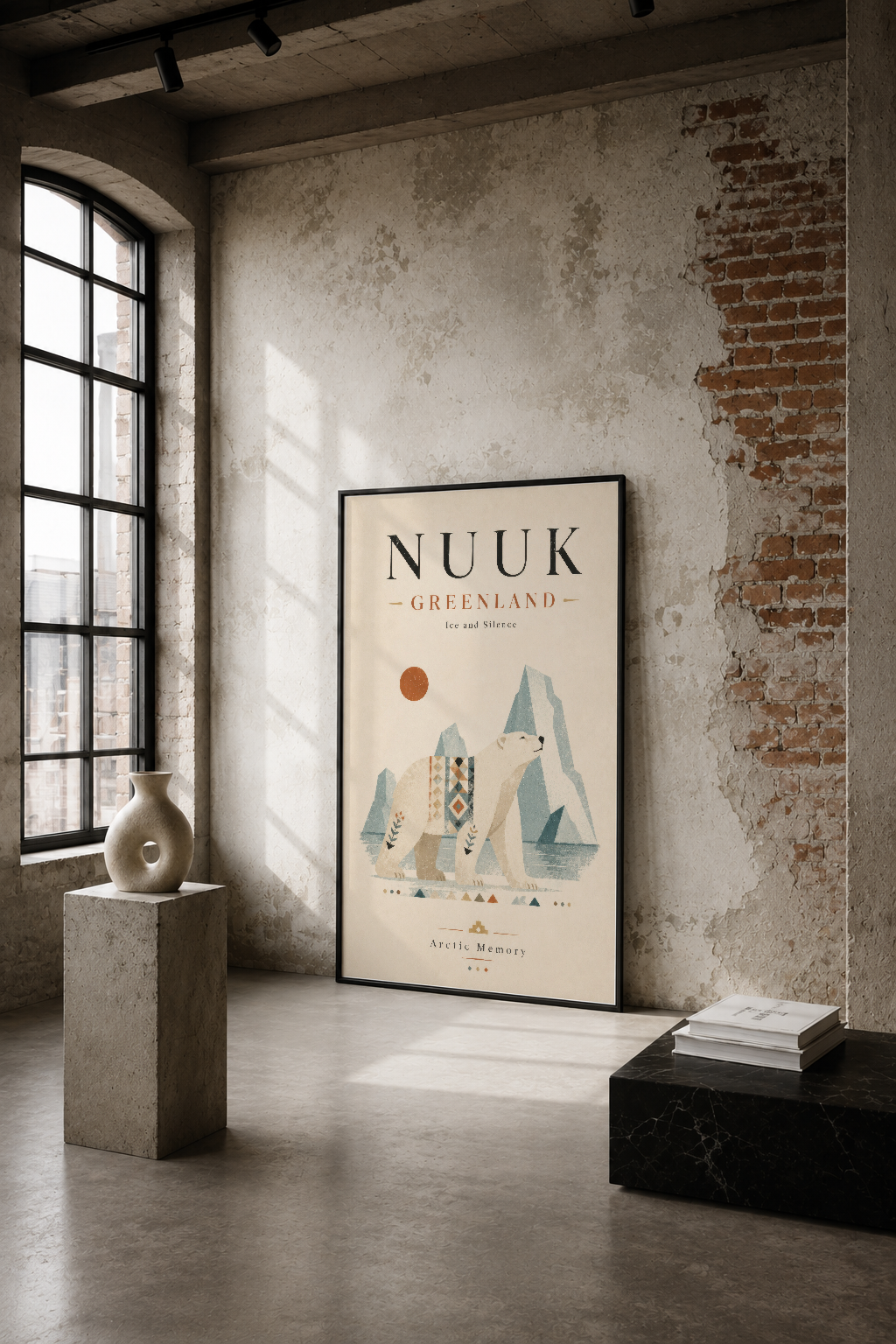 Nuuk Greenland sanat tablosu, endüstriyel loft alanında tuğla duvarlar ve doğal ışık yanında sergileniyor.