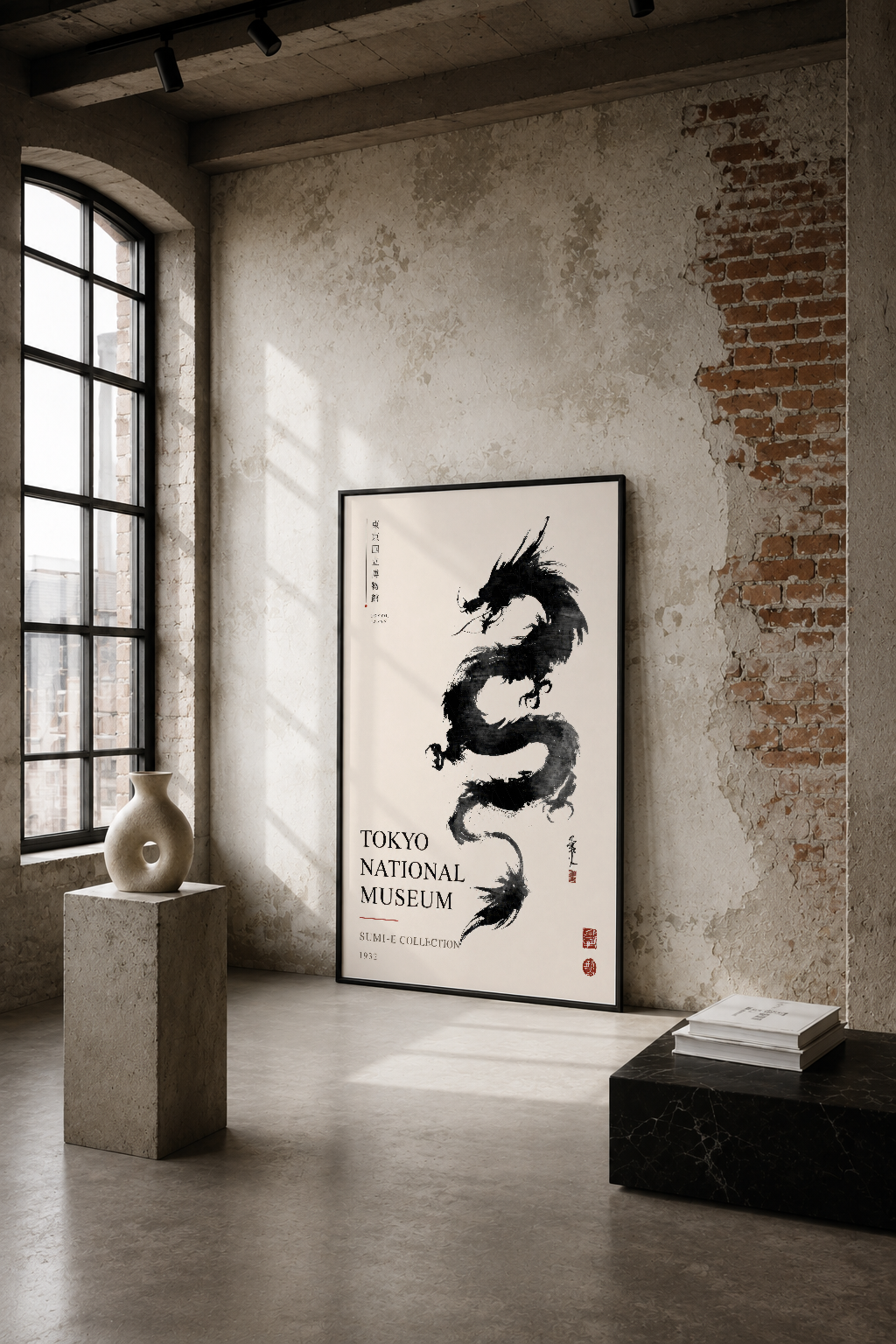 Tokyo National Museum koleksiyonundan, sumi-e tekniğiyle çizilmiş dinamik ejderha motifleri modern endüstriyel mekanda.