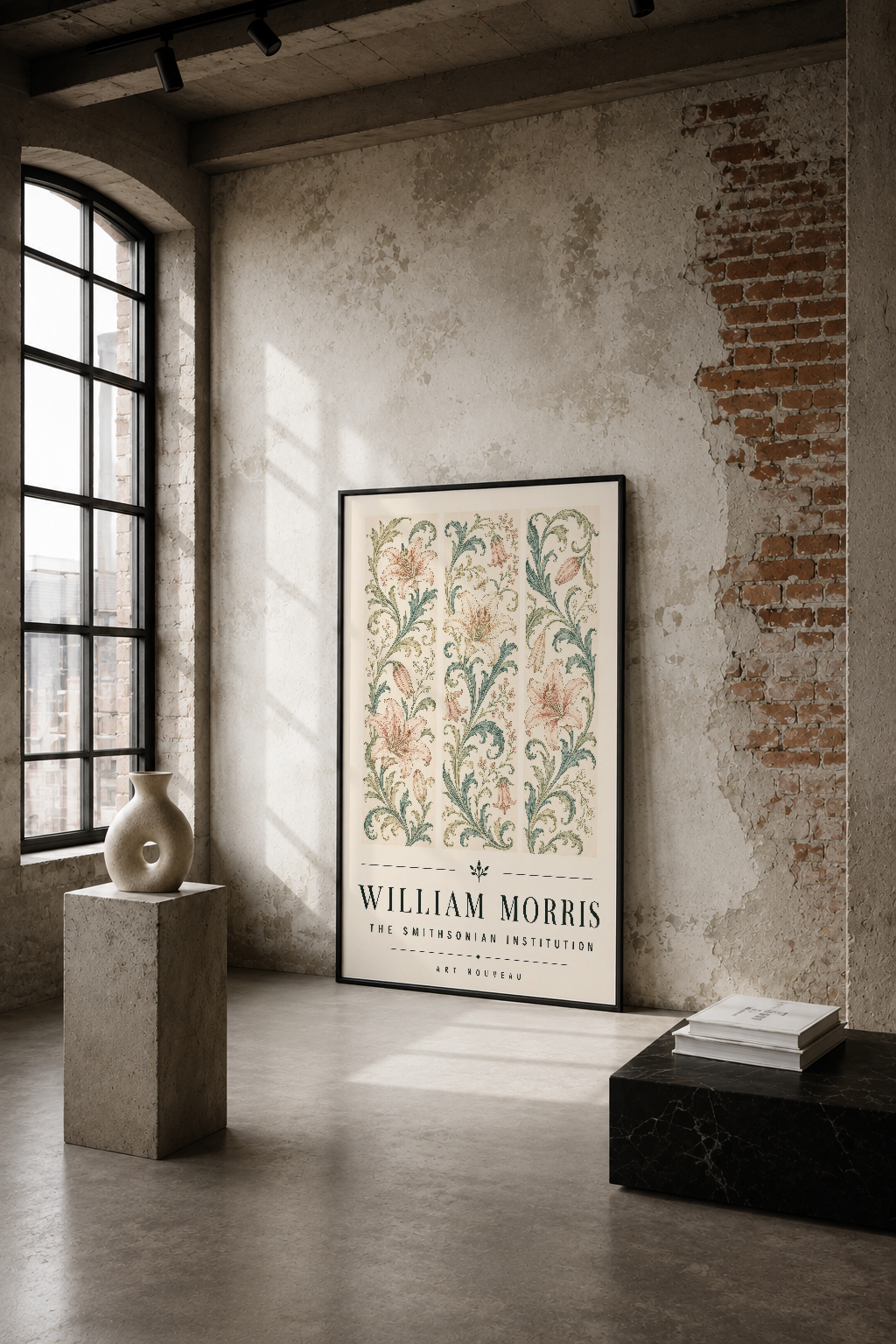 William Morris Art Nouveau çiçek deseni tablosu, endüstriyel mekanda doğal ışık altında sergileniyor.