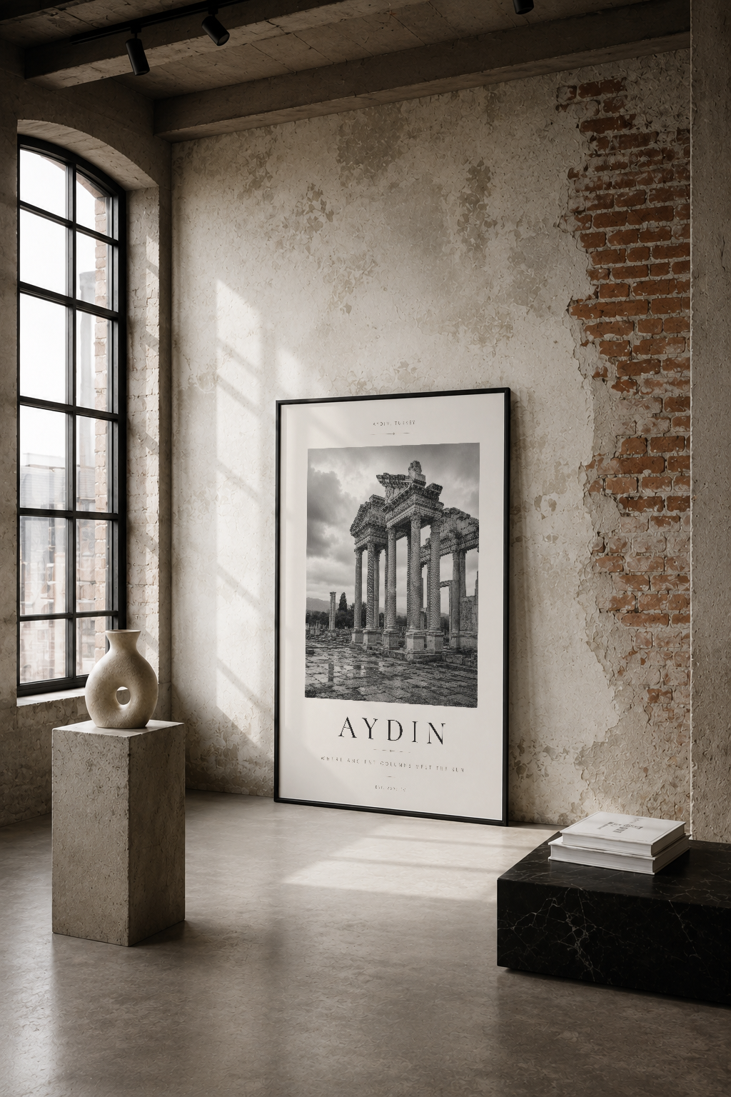 Aydın antik tapınağını siyah beyaz fotoğrafla sunan minimal poster, endüstriyel loft dekorasyonunda.