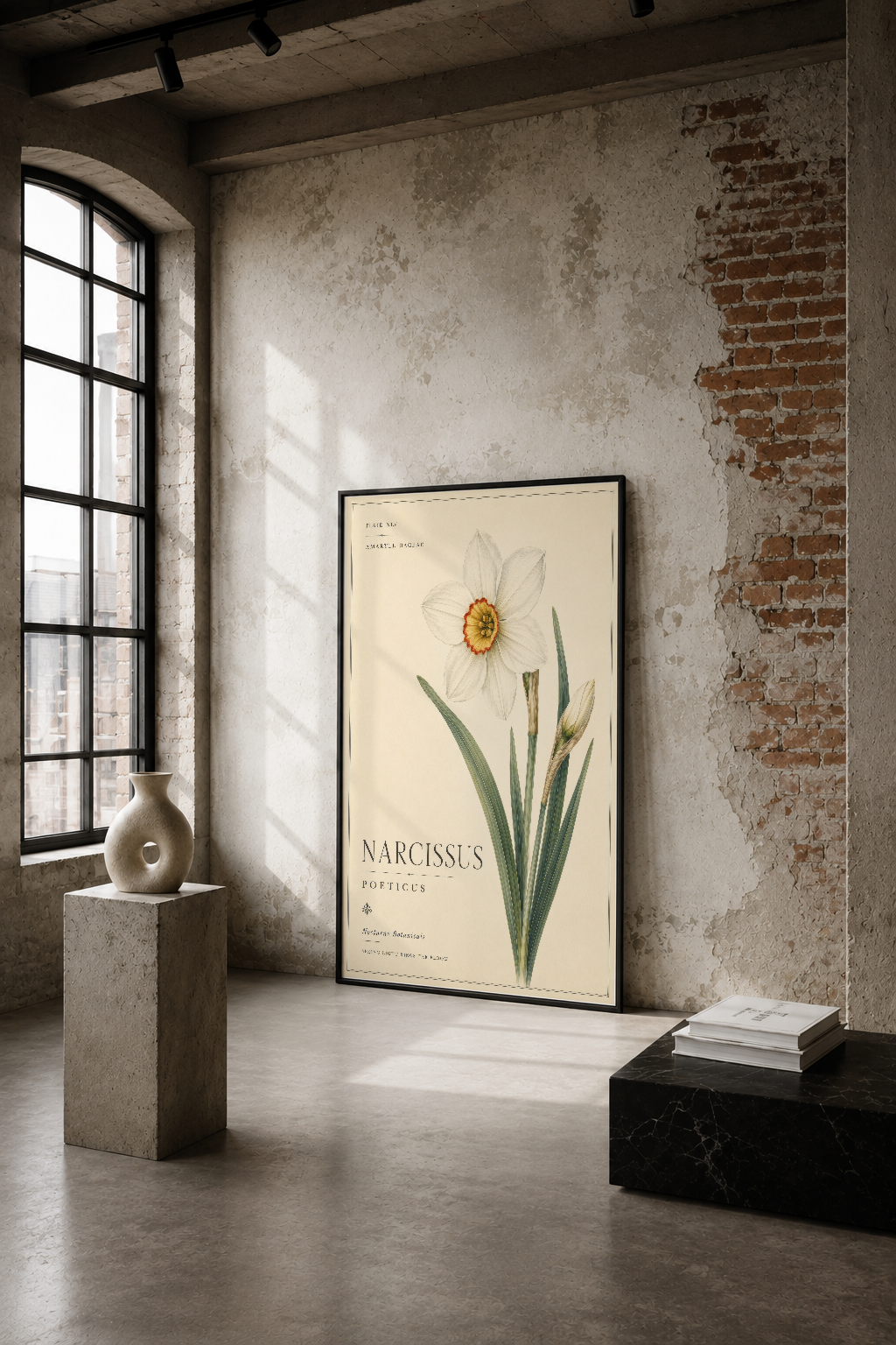 Botanik tarzı Narcissus Poeticus tablosu, endüstriyel loft ortamında tuğla duvarlar arasında sergileniyor.