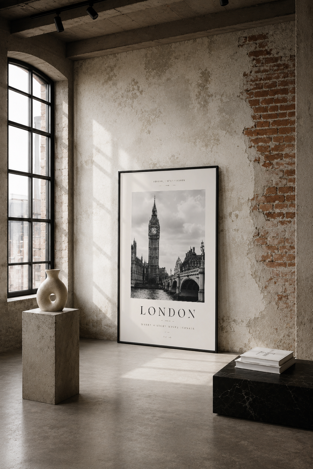 Big Ben ve Westminster Köprüsü'nün siyah beyaz fotoğrafını gösteren minimal tasarımlı London posteri, endüstriyel loft