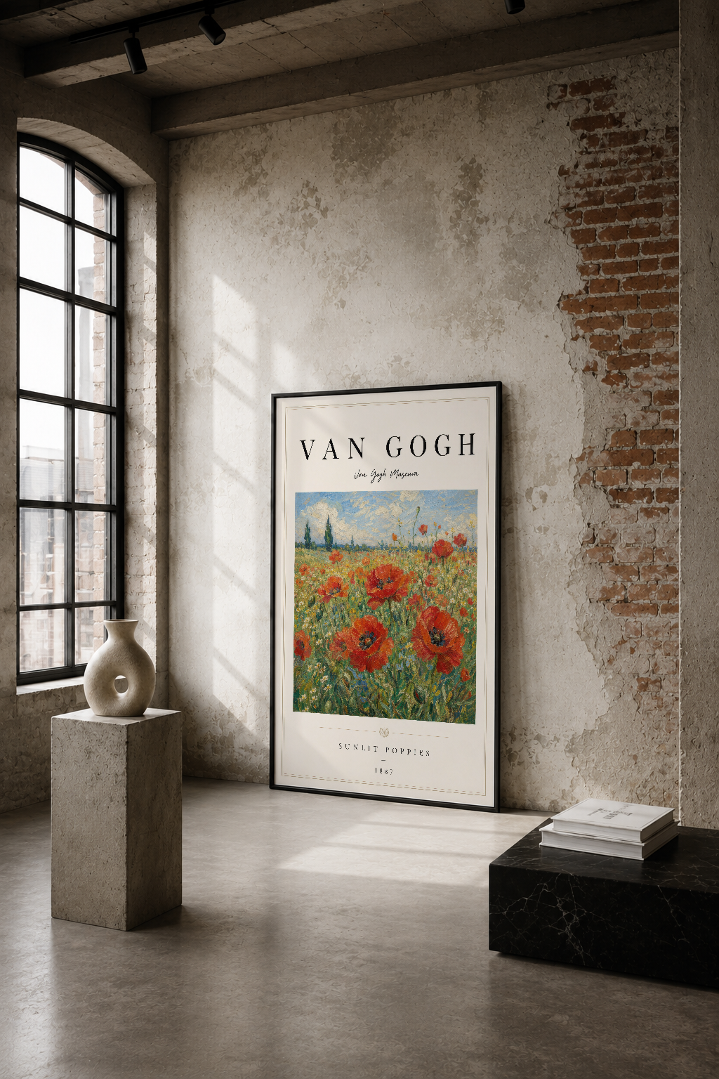Van Gogh Ayçiçekleri tablosu, endüstriyel mekanda tuğla duvarın yanında asılı, doğal ışıkla aydınlatılan sanat eseri.