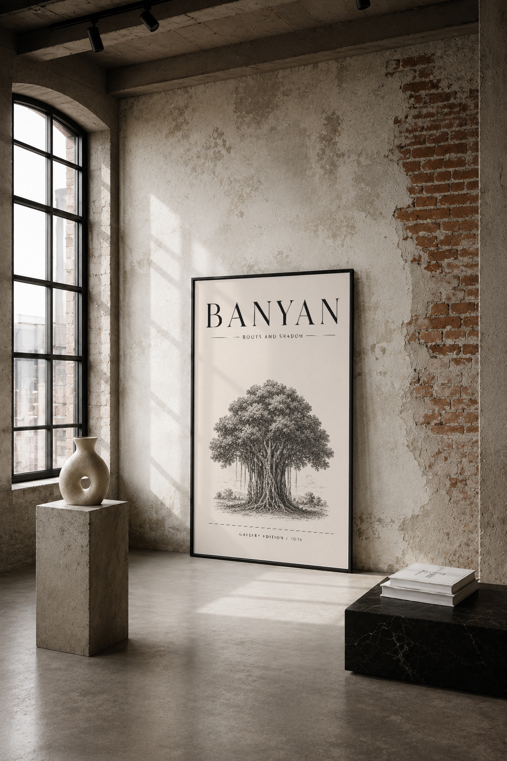 Banyan tablosu, endüstriyel loft stilinde bare duvarlar arasında, doğal ışığın vurduğu minimal bir alanda sergileniyor.