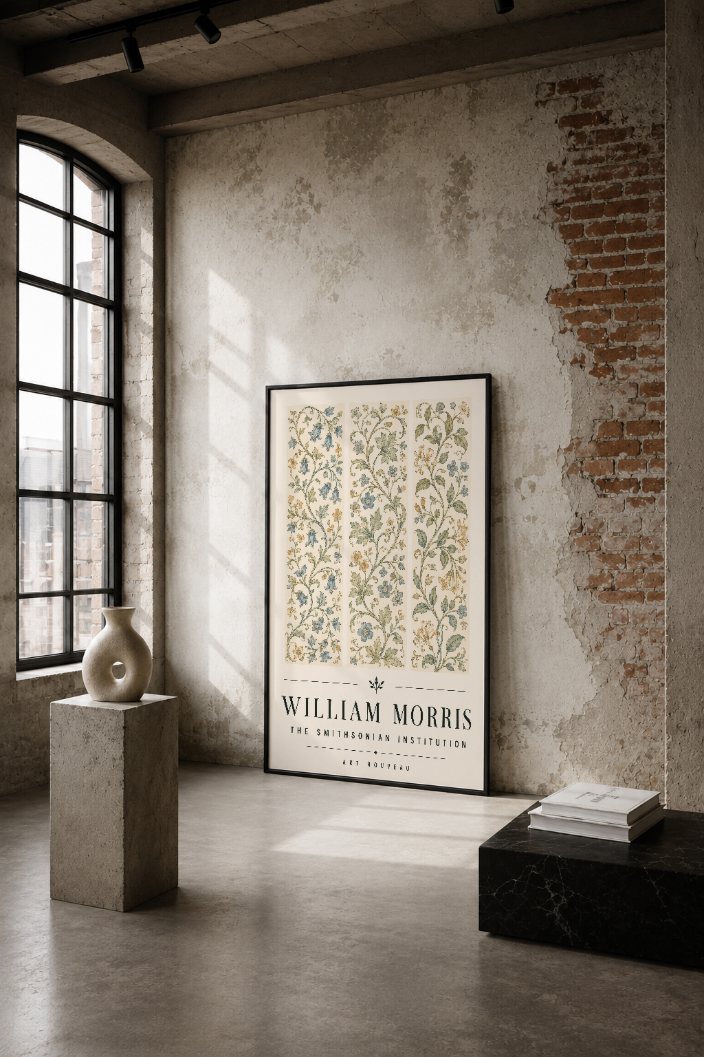 William Morris'in botanik desenli sanat baskısı, endüstriyel loft ortamında çıplak duvarla tamamlanan tasarımsal dekorasyon.