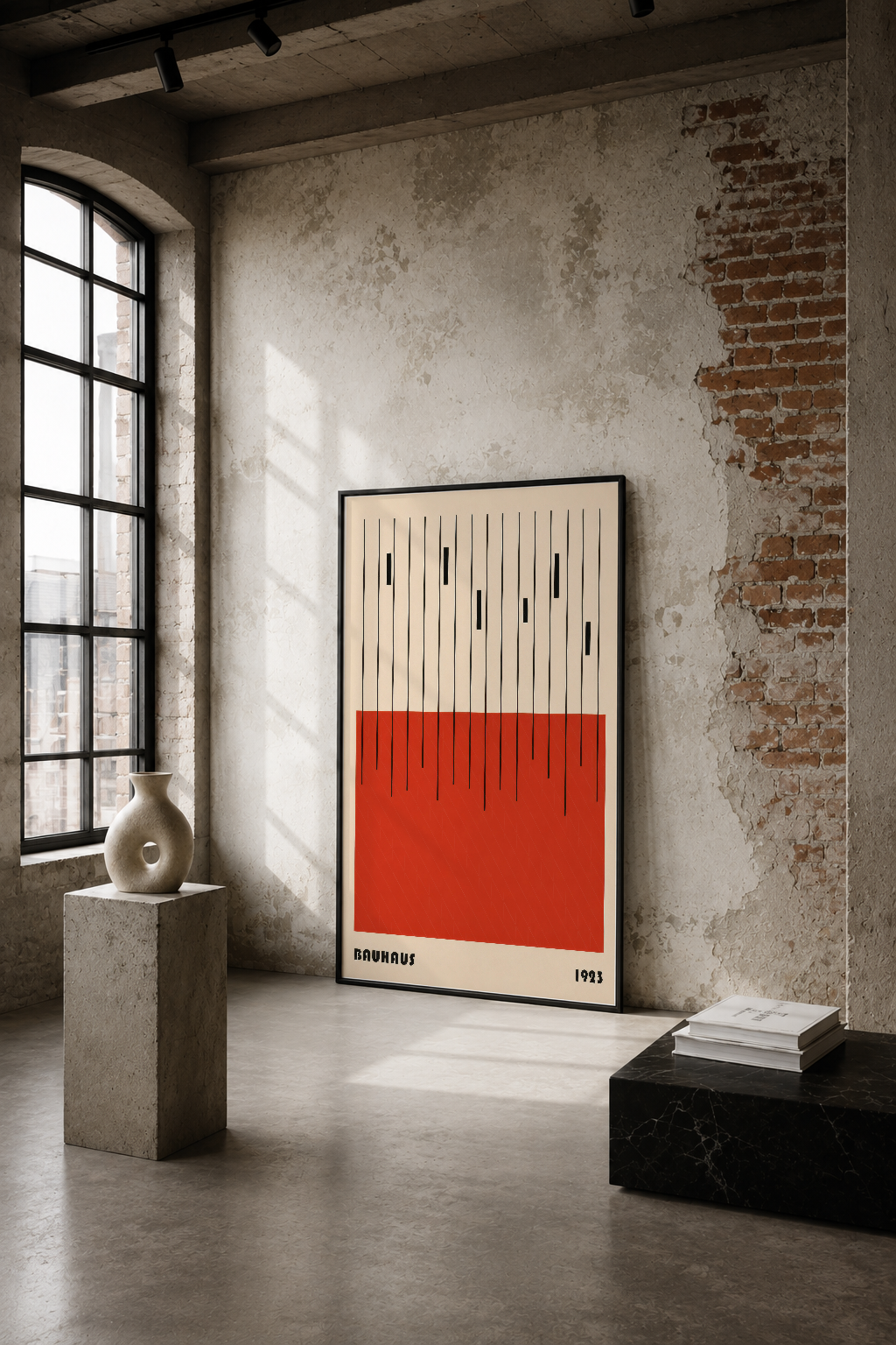 Bauhaus tarzı, krem ve kırmızı renkli geometrik poster, endüstriyel loft mekânda duvar sanatı.