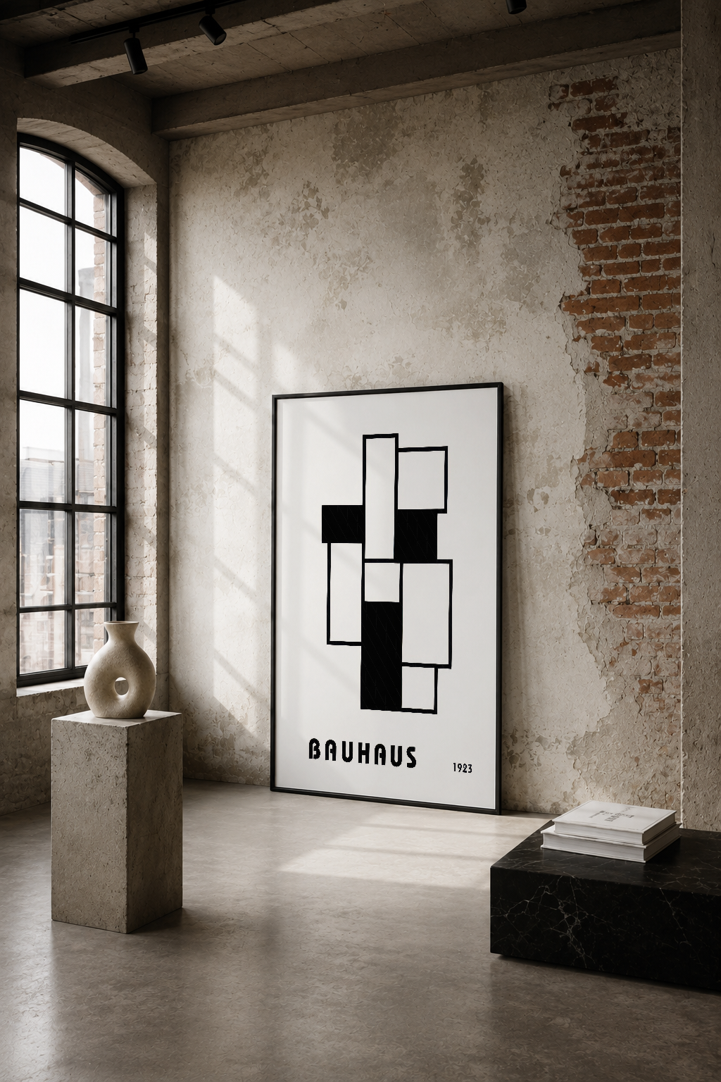 1923 Bauhaus geometrik soyut tablo, endüstriyel loft ortamında siyah beyaz minimalist tasarım.